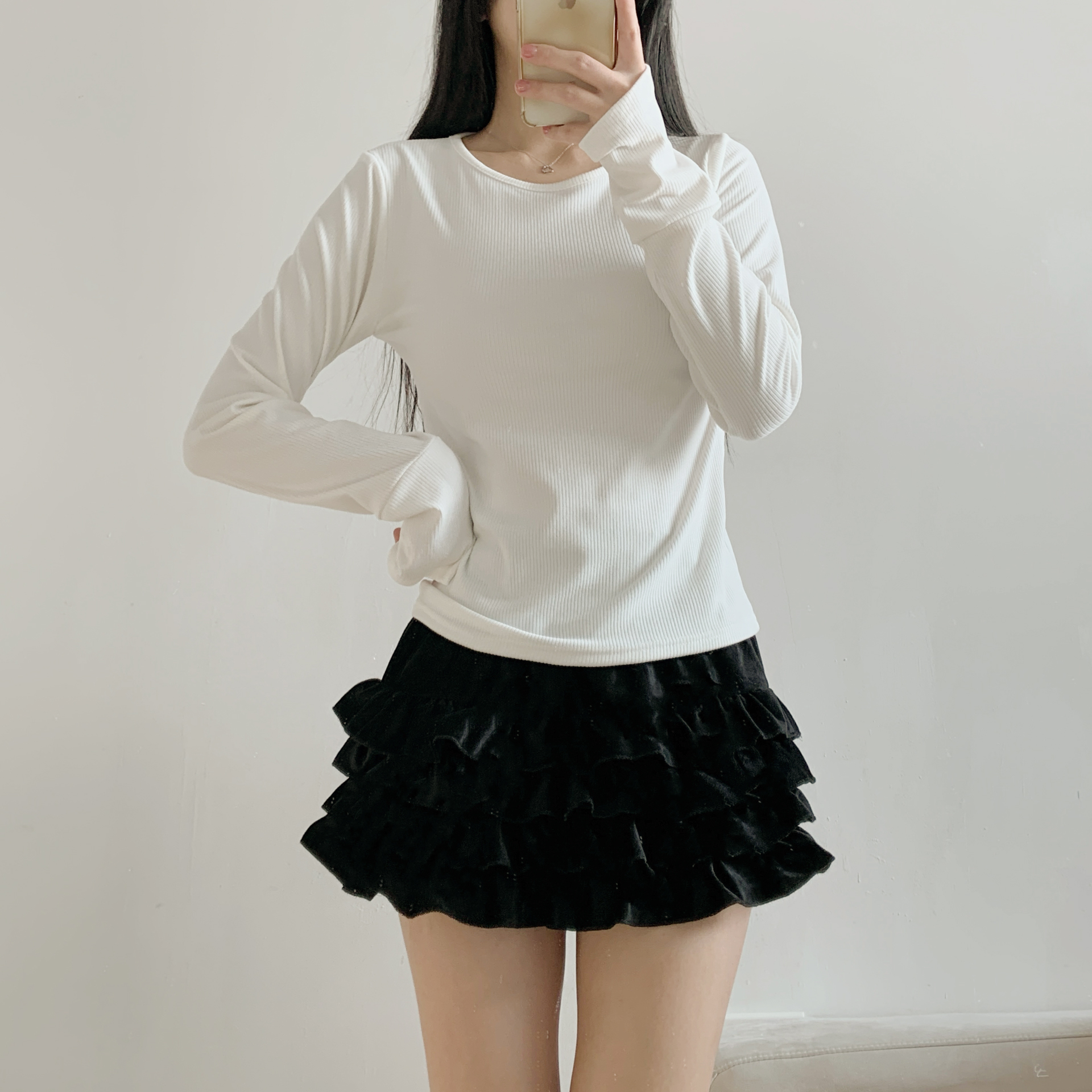 リブラウンドネックボタンスリーブカラーTシャツ | 詳細画像14