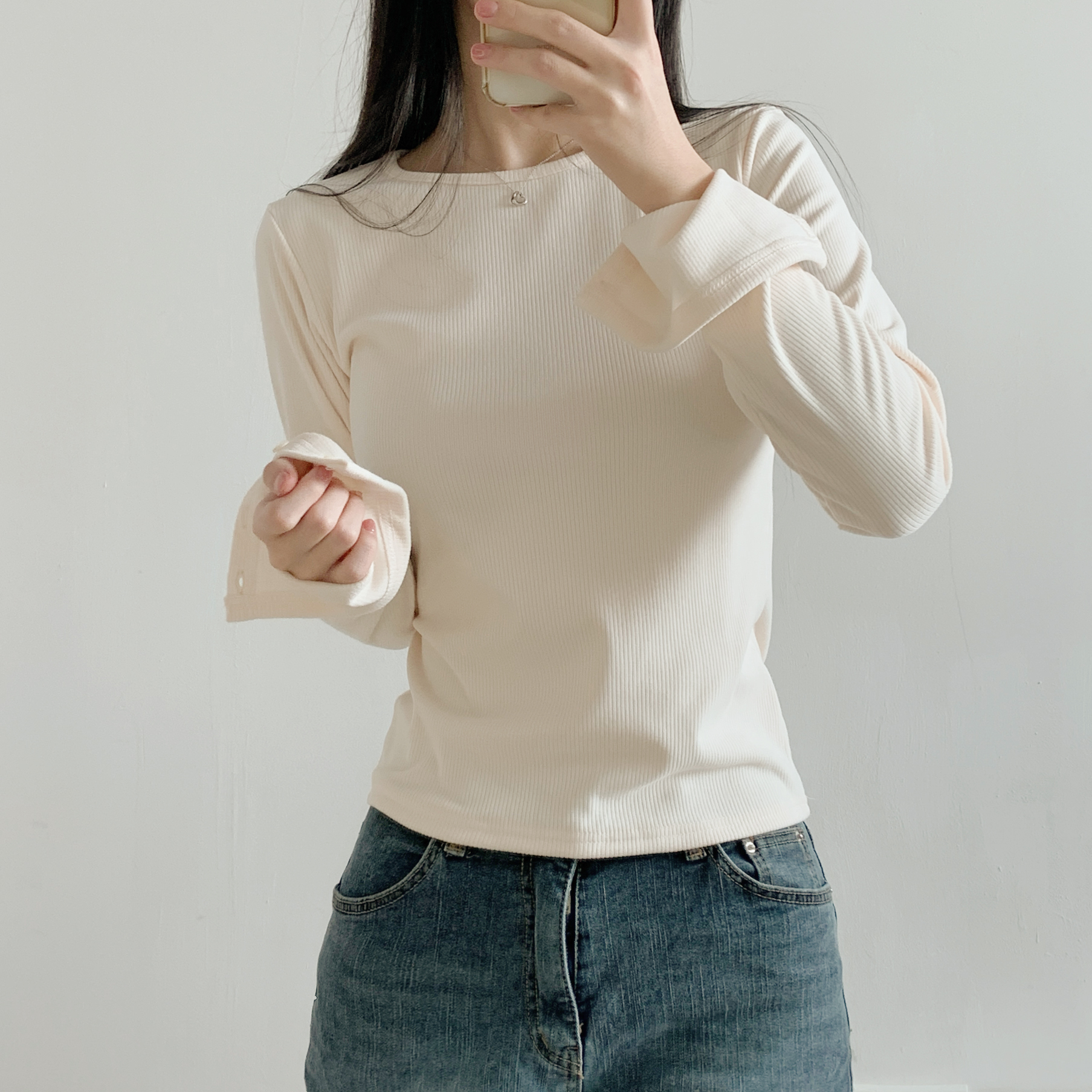 リブラウンドネックボタンスリーブカラーTシャツ | 詳細画像11