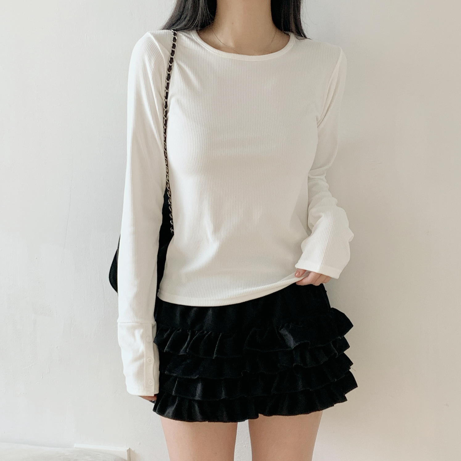 リブラウンドネックボタンスリーブカラーTシャツ | 詳細画像13