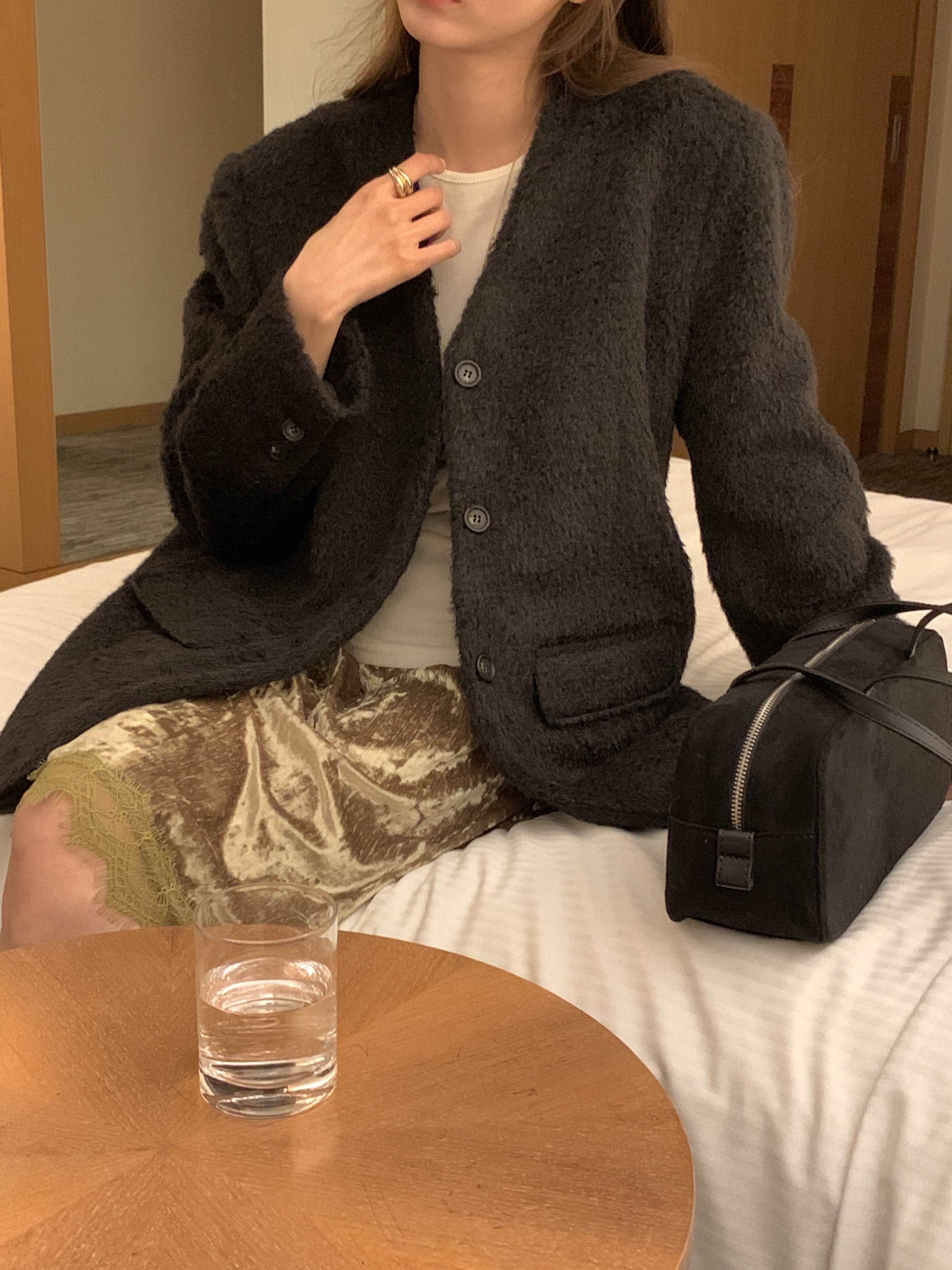 ブークレキルト風ウール混ボタンVネックノーカラーハーフジャケット | 詳細画像2