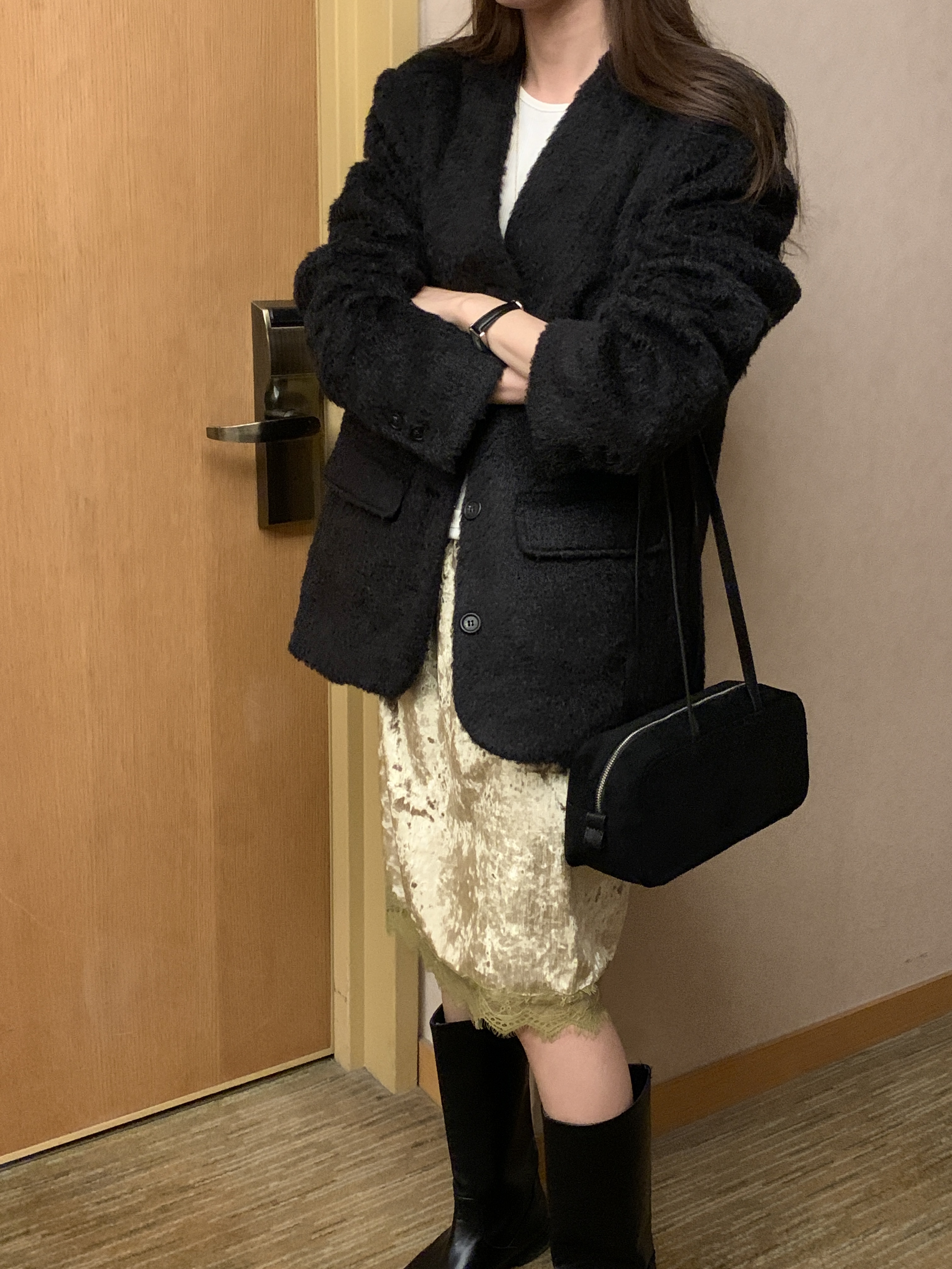 ブークレキルト風ウール混ボタンVネックノーカラーハーフジャケット | 詳細画像4