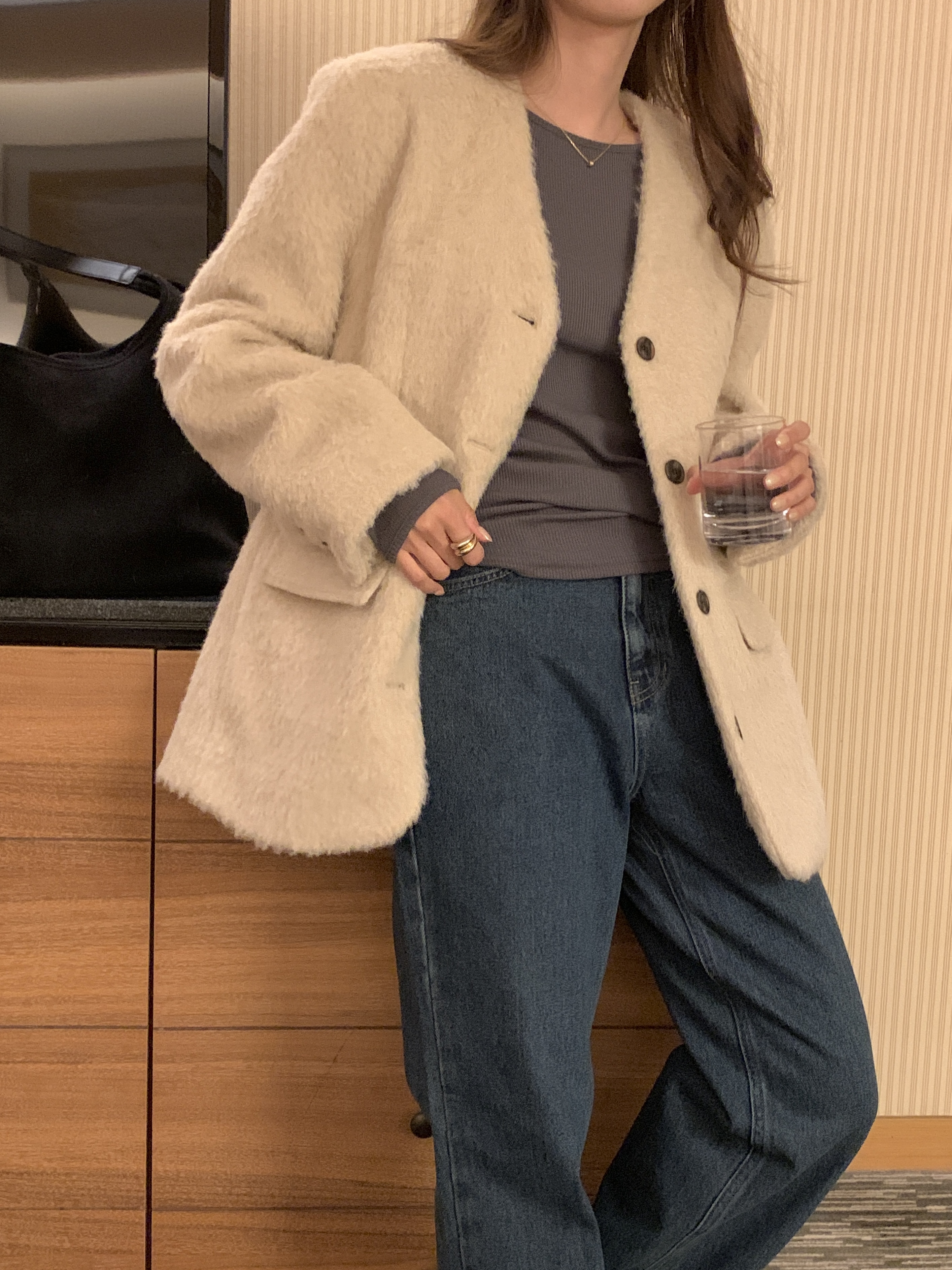 ブークレキルト風ウール混ボタンVネックノーカラーハーフジャケット | 詳細画像16