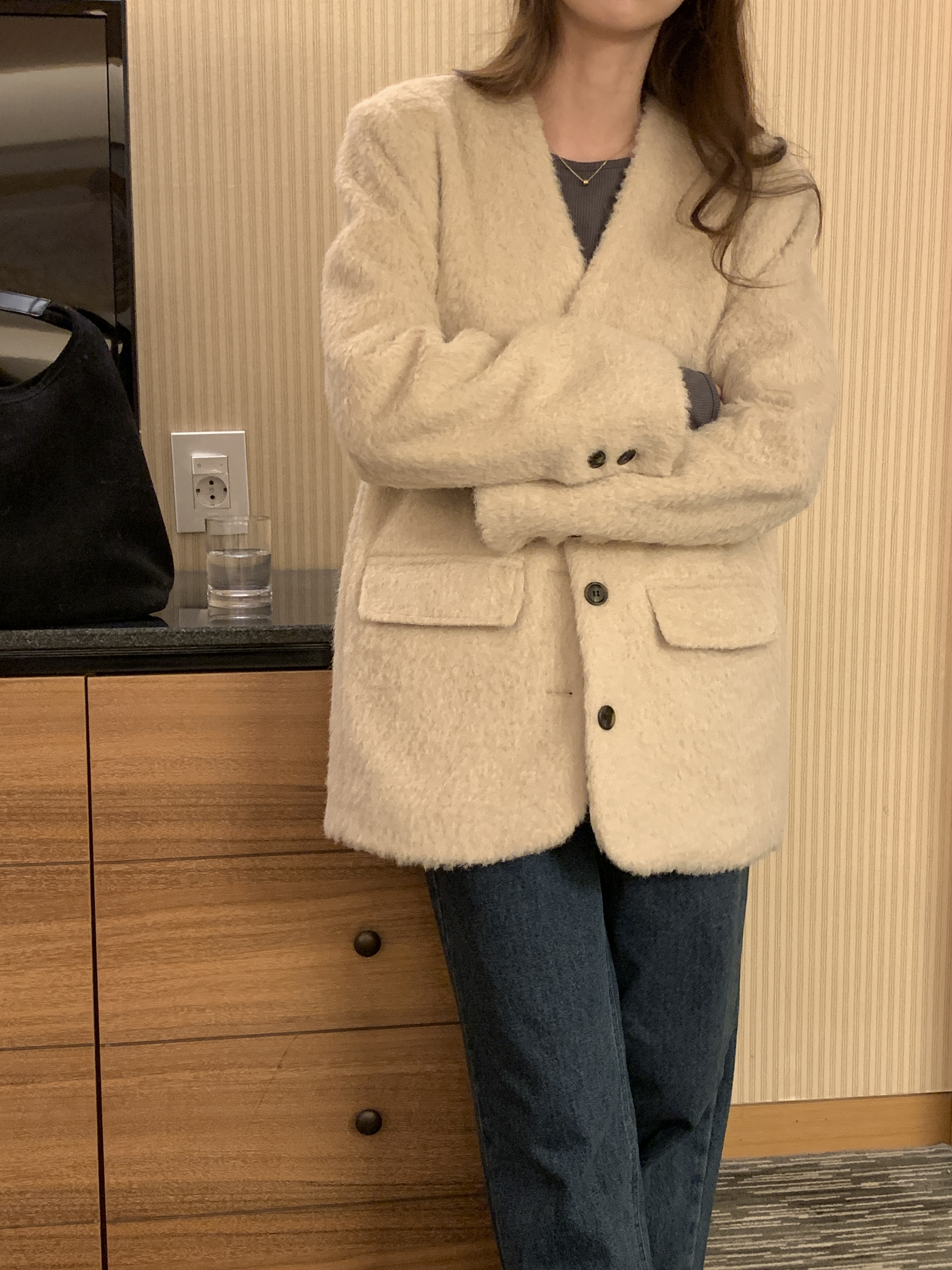 ブークレキルト風ウール混ボタンVネックノーカラーハーフジャケット | 詳細画像18