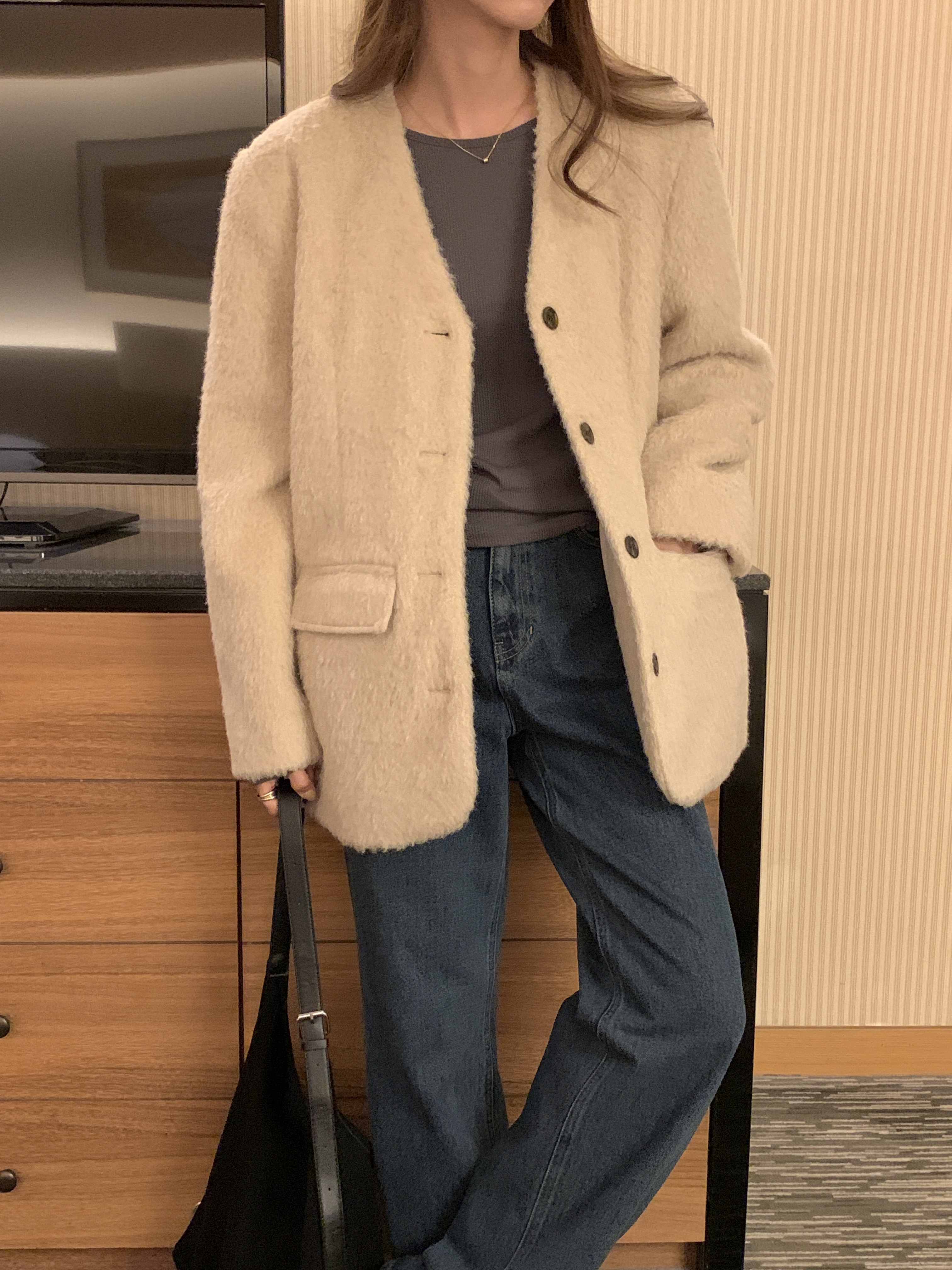 ブークレキルト風ウール混ボタンVネックノーカラーハーフジャケット | 詳細画像14