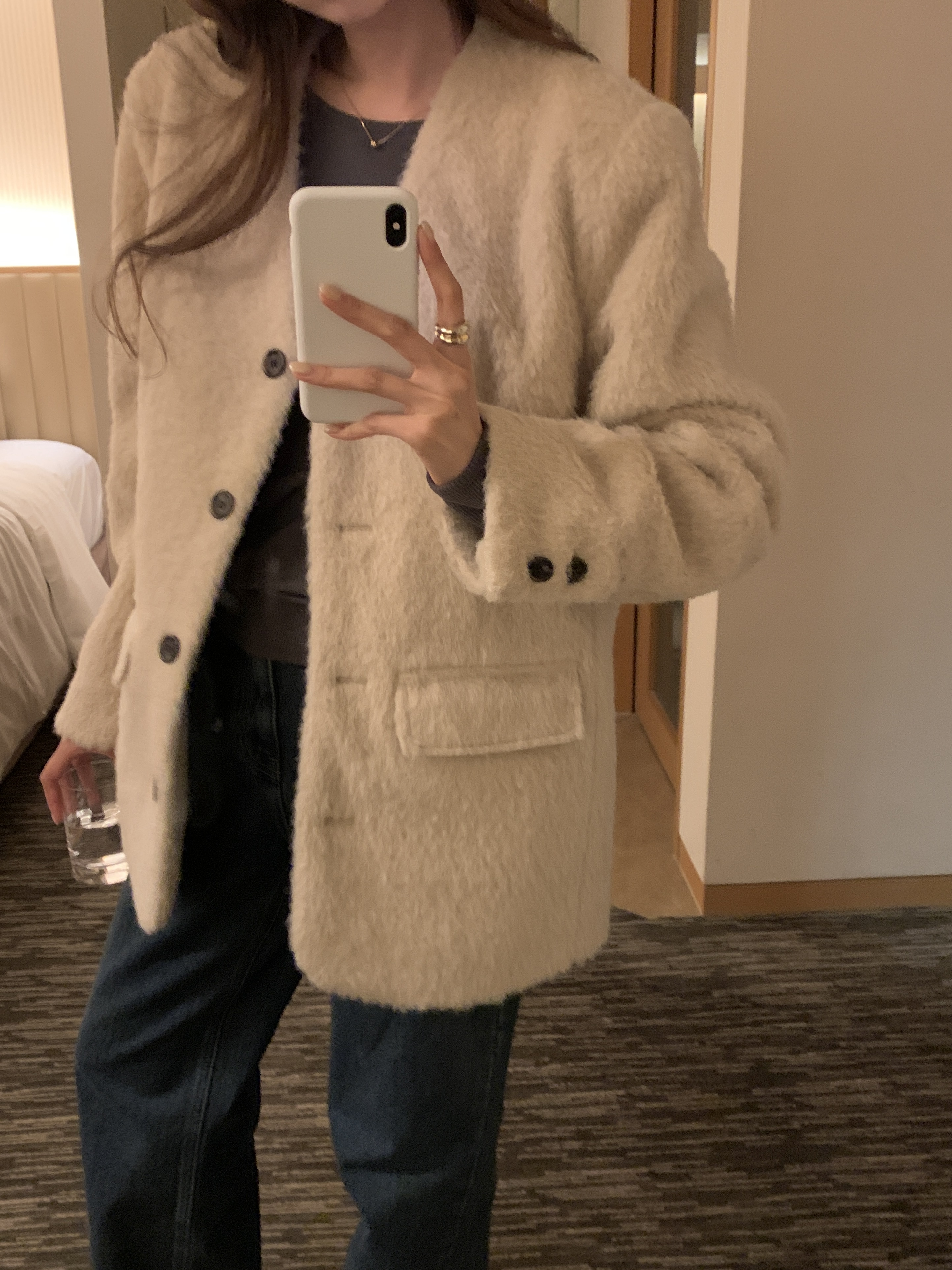 ブークレキルト風ウール混ボタンVネックノーカラーハーフジャケット | 詳細画像17