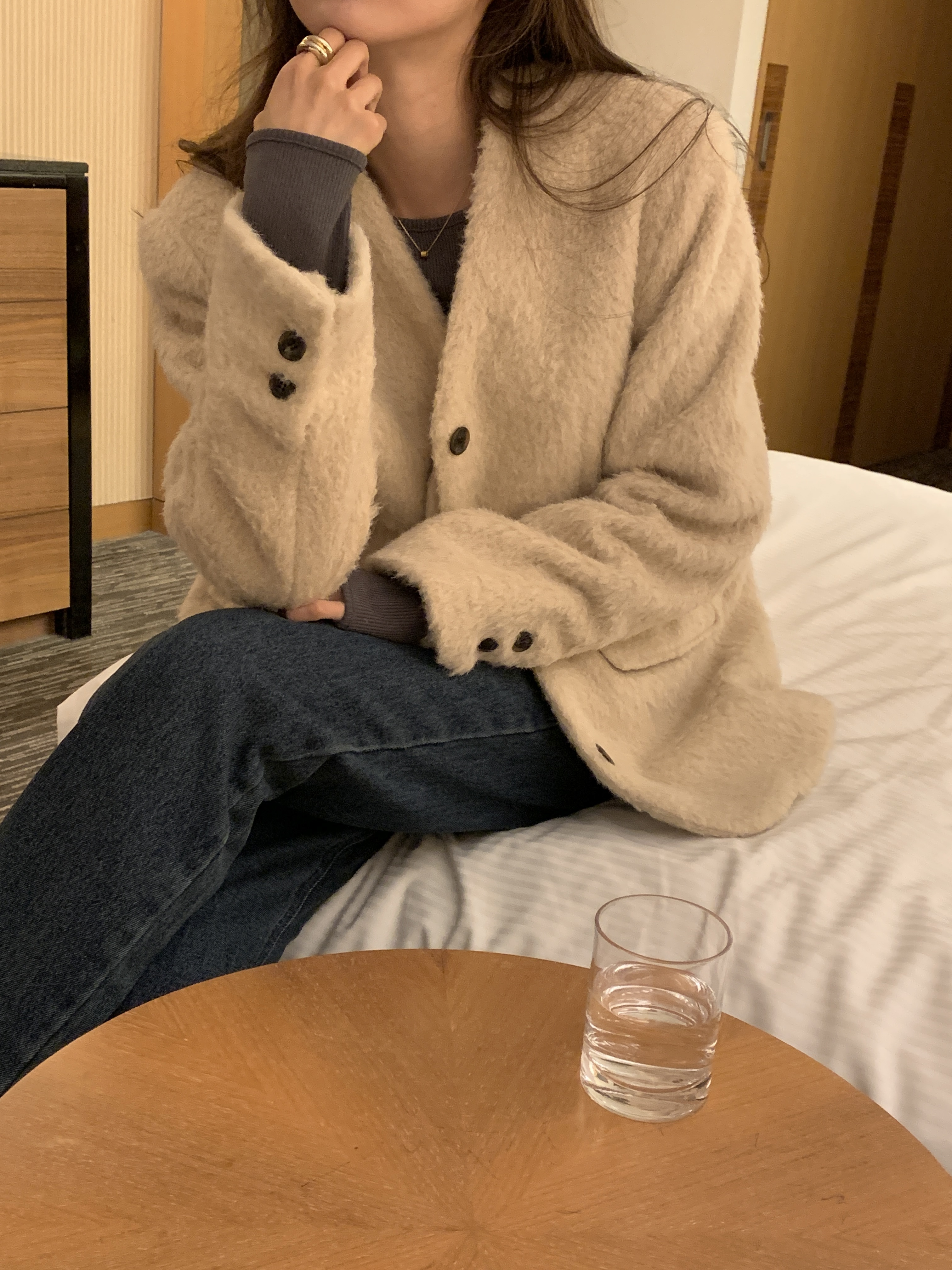 ブークレキルト風ウール混ボタンVネックノーカラーハーフジャケット | 詳細画像15