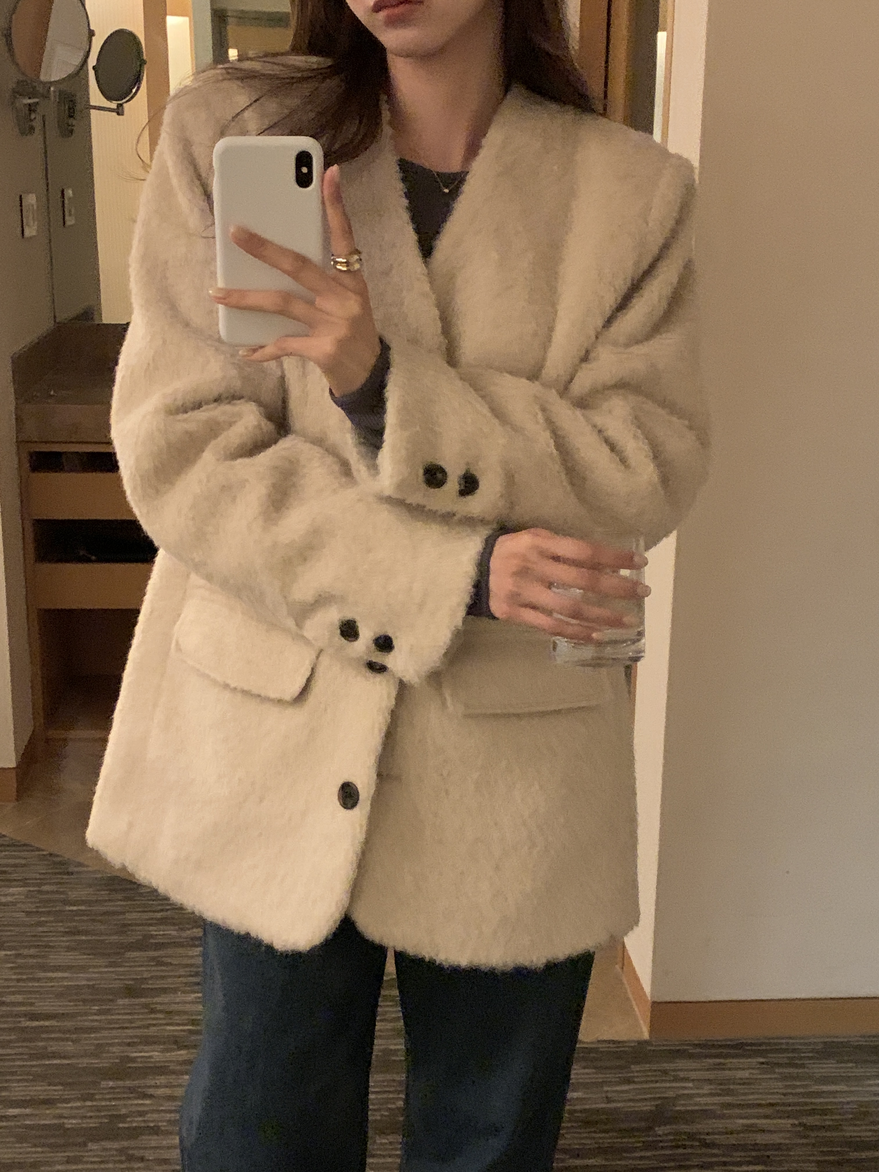 ブークレキルト風ウール混ボタンVネックノーカラーハーフジャケット | 詳細画像10