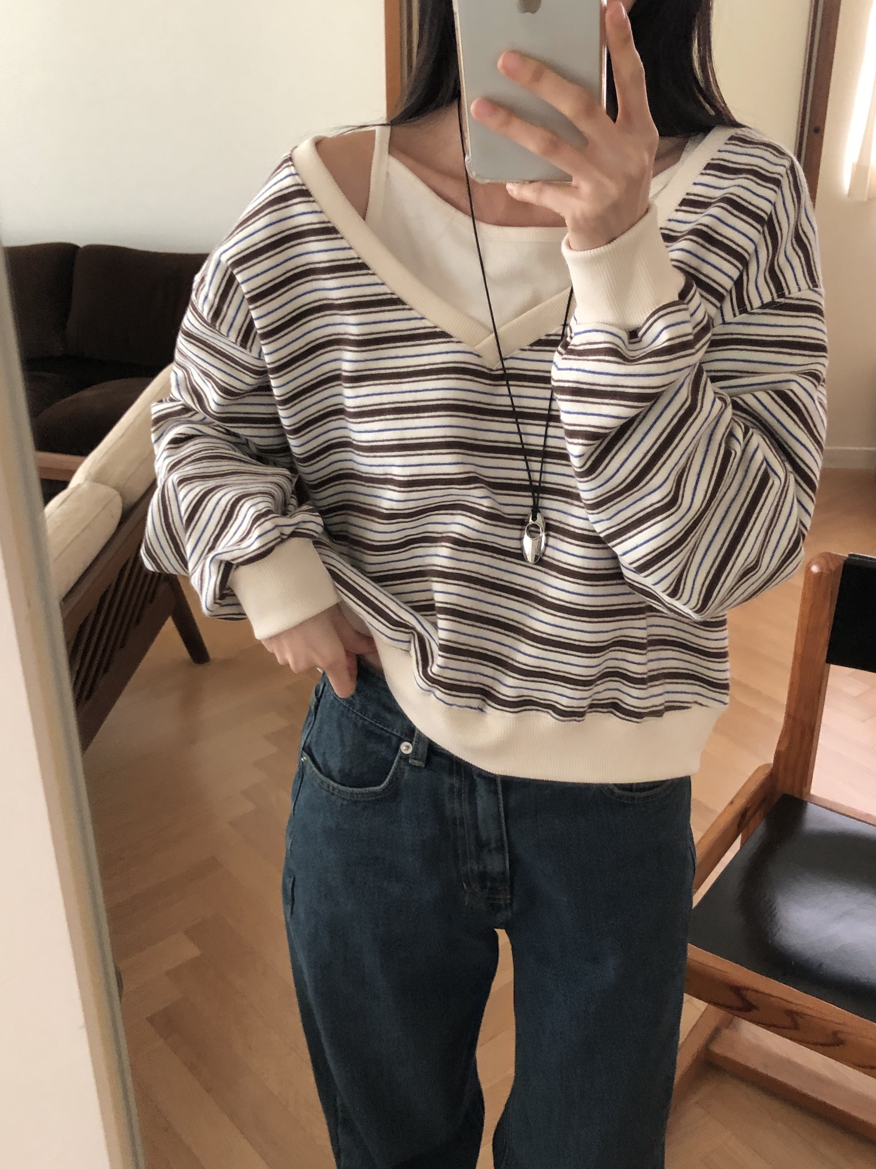 裏起毛Vネックワンショルダーボーダーカラースウェット | 詳細画像5