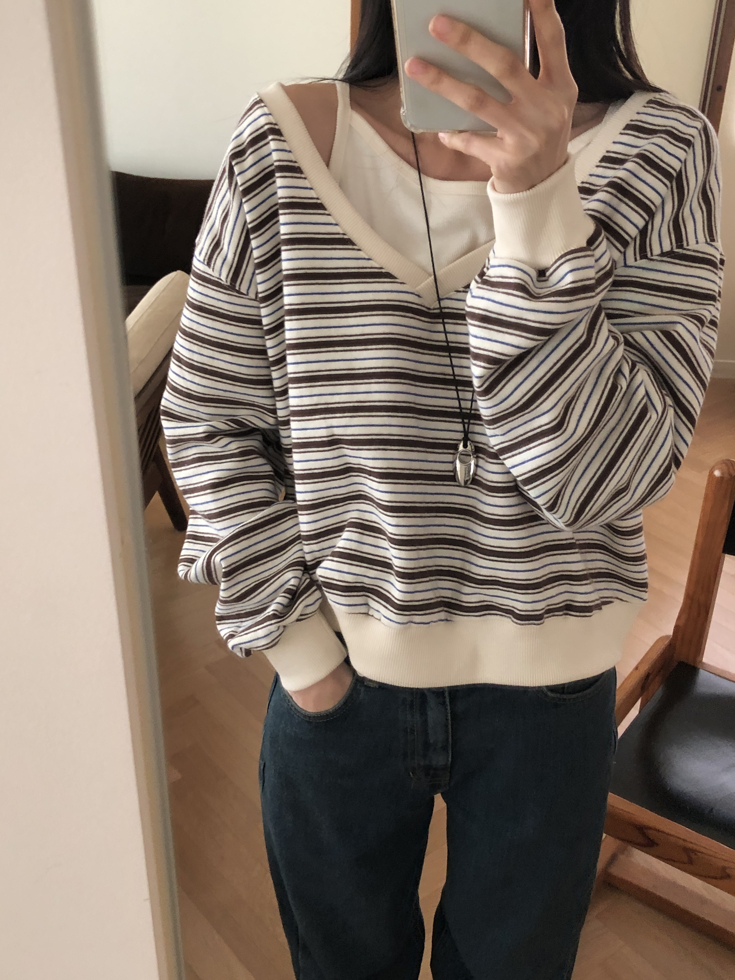 裏起毛Vネックワンショルダーボーダーカラースウェット | 詳細画像6