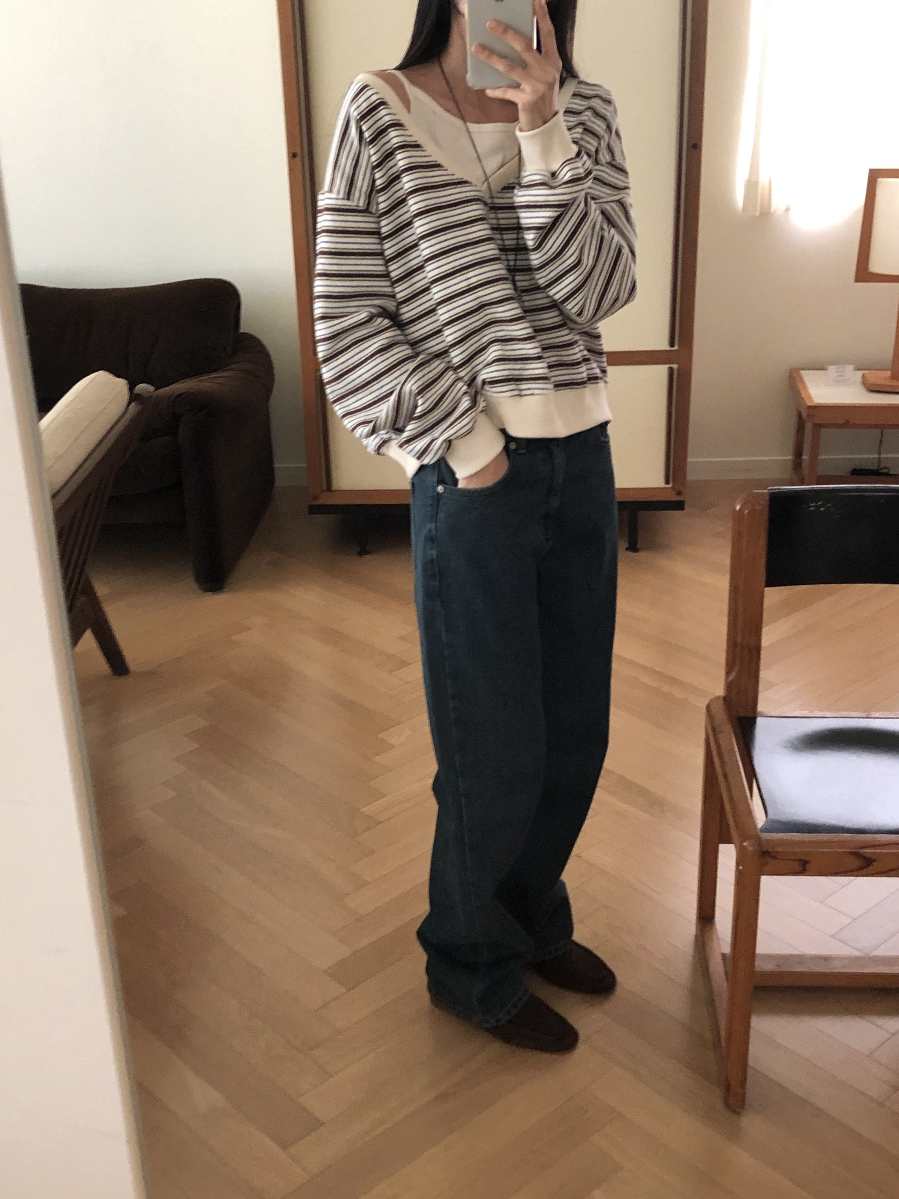 裏起毛Vネックワンショルダーボーダーカラースウェット | 詳細画像2