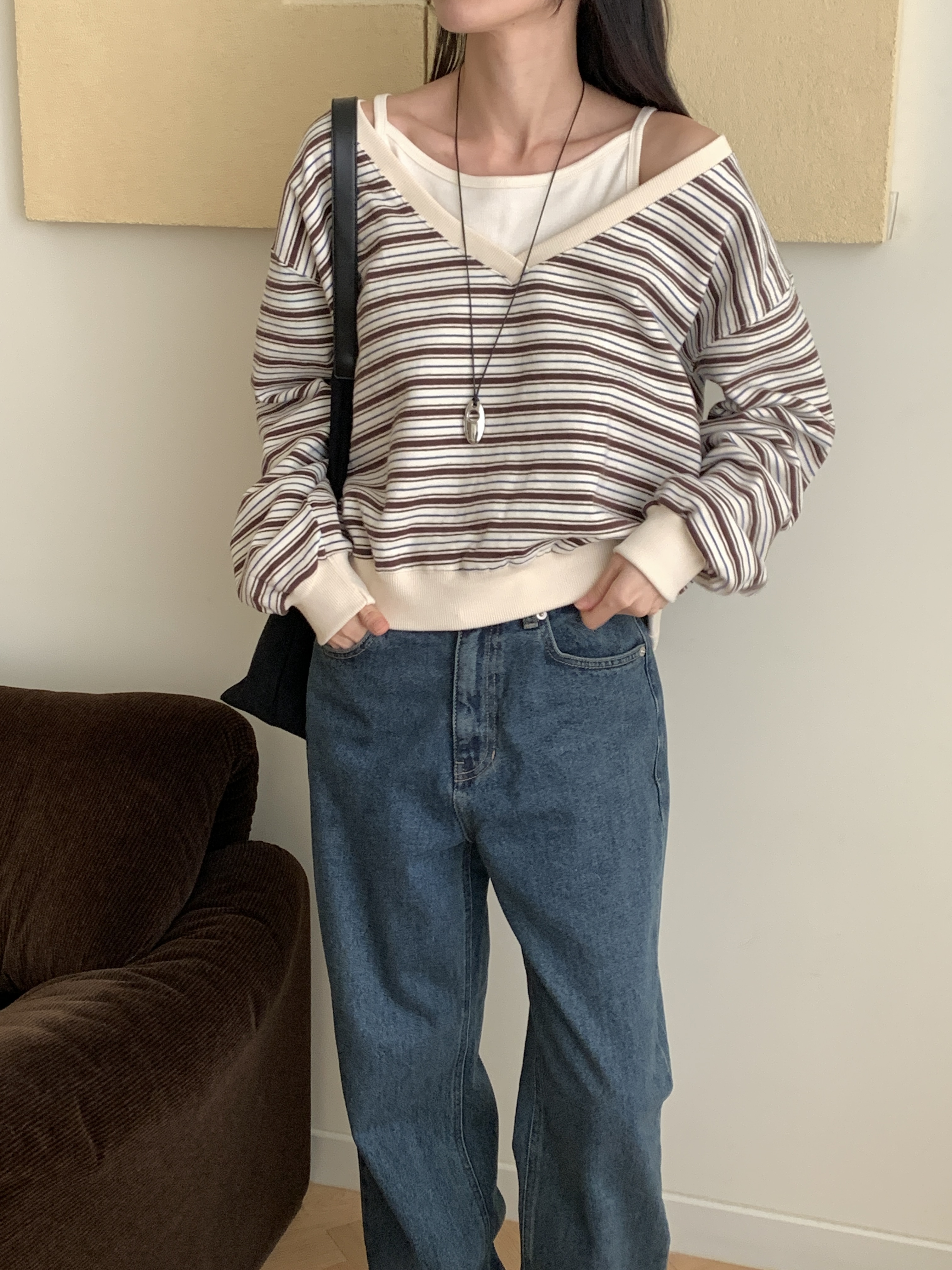 裏起毛Vネックワンショルダーボーダーカラースウェット | 詳細画像9