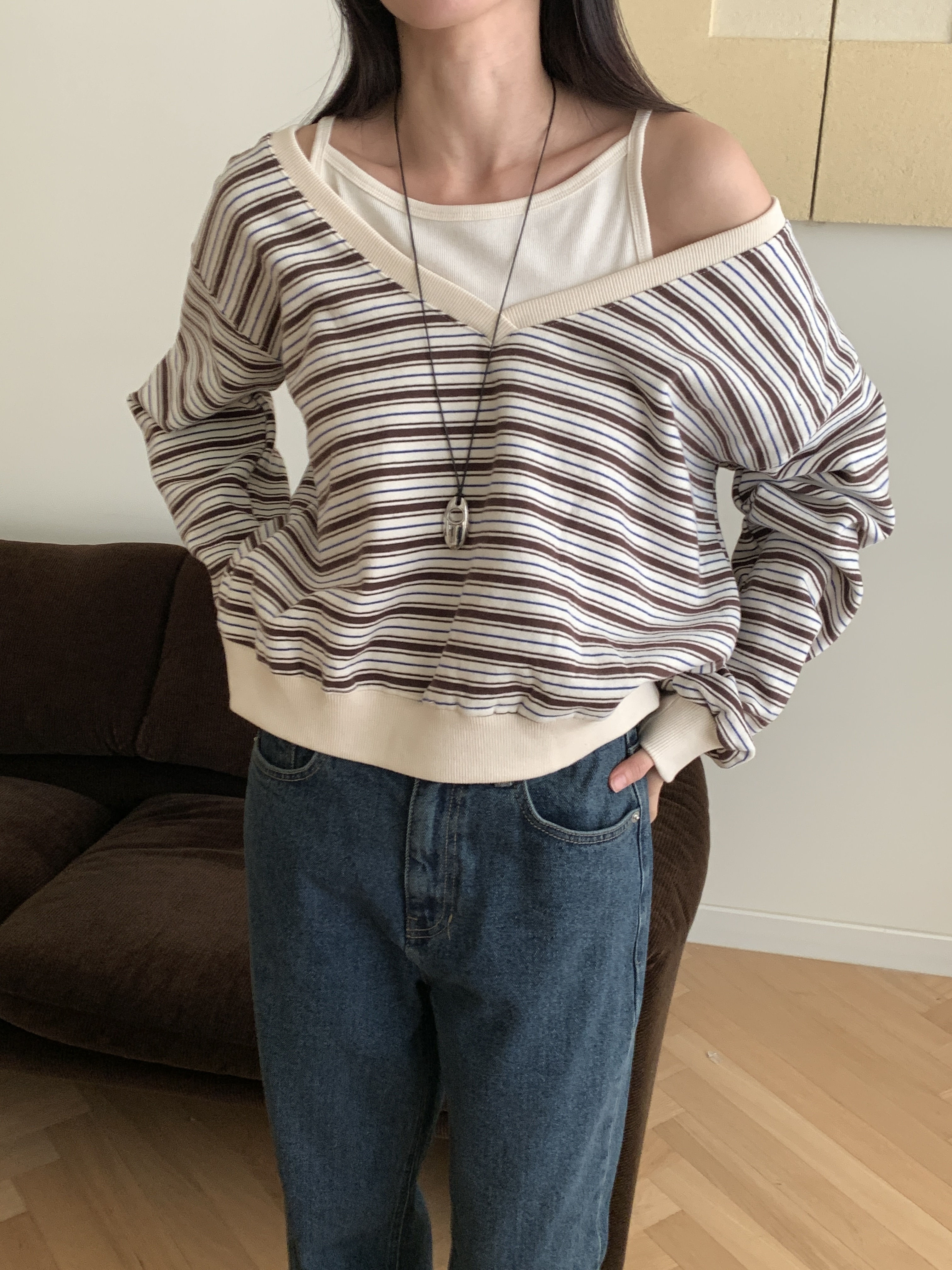 裏起毛Vネックワンショルダーボーダーカラースウェット | 詳細画像12