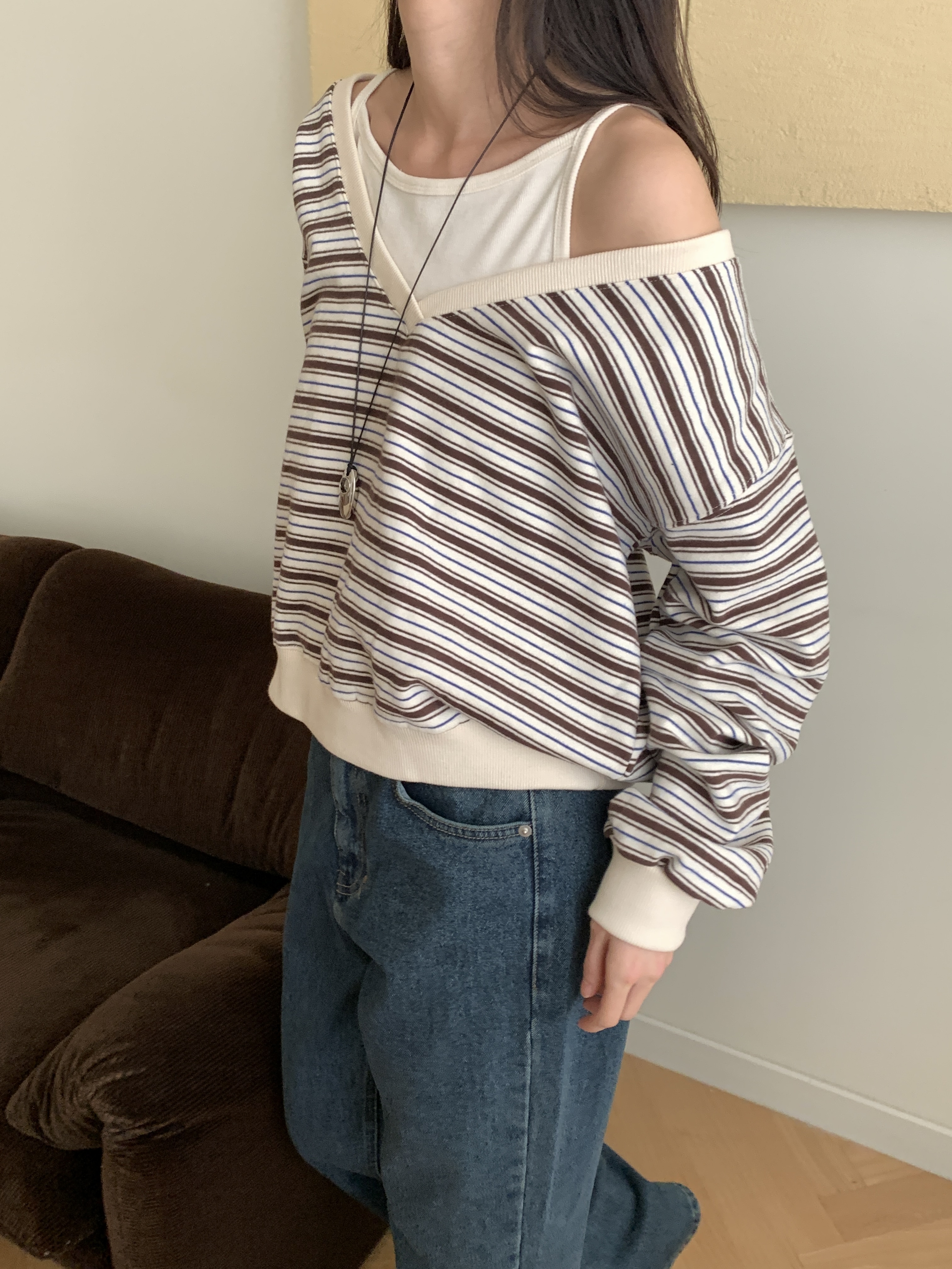 裏起毛Vネックワンショルダーボーダーカラースウェット | 詳細画像10