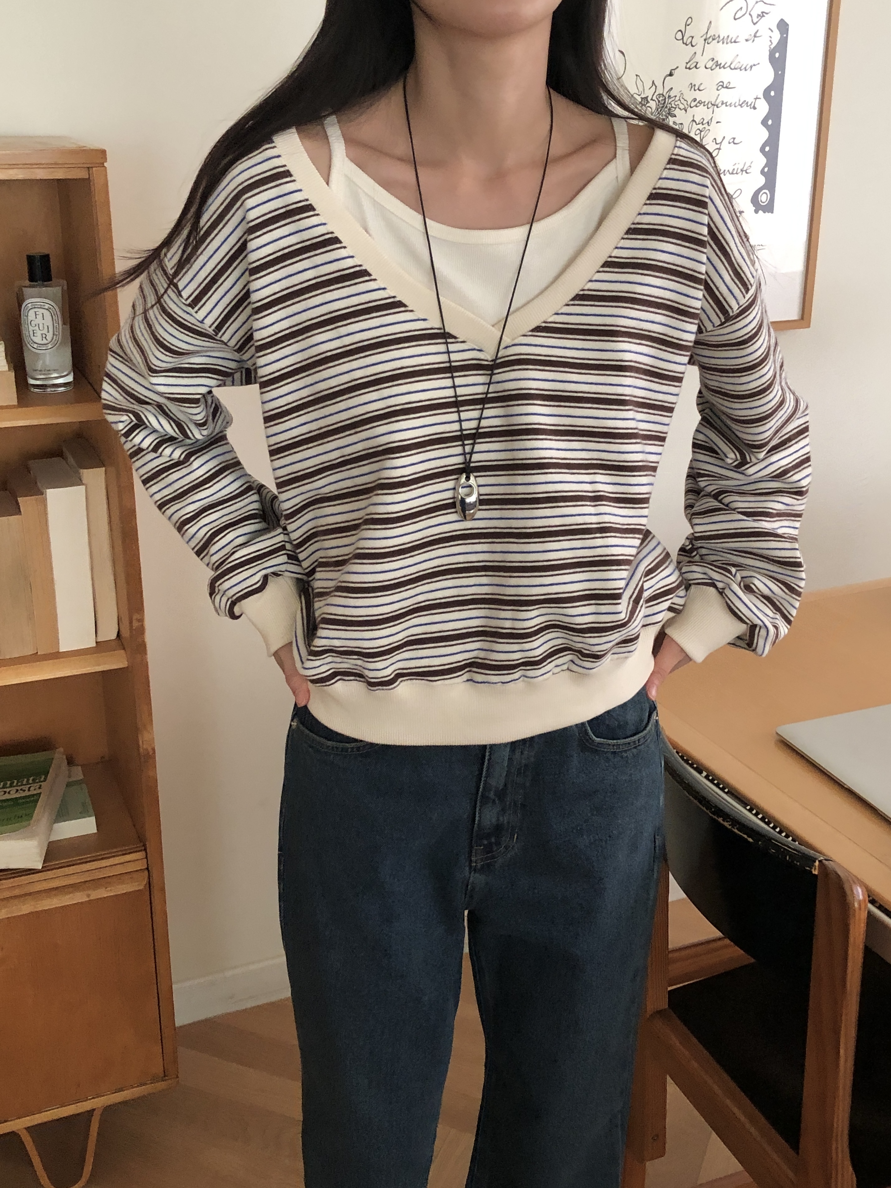 裏起毛Vネックワンショルダーボーダーカラースウェット | 詳細画像7