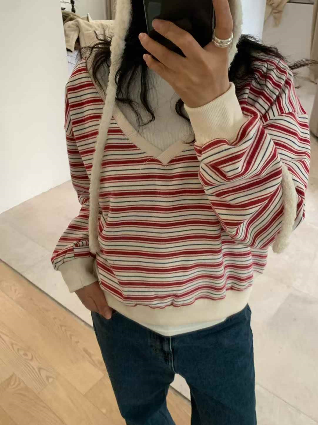 裏起毛Vネックワンショルダーボーダーカラースウェット | 詳細画像15