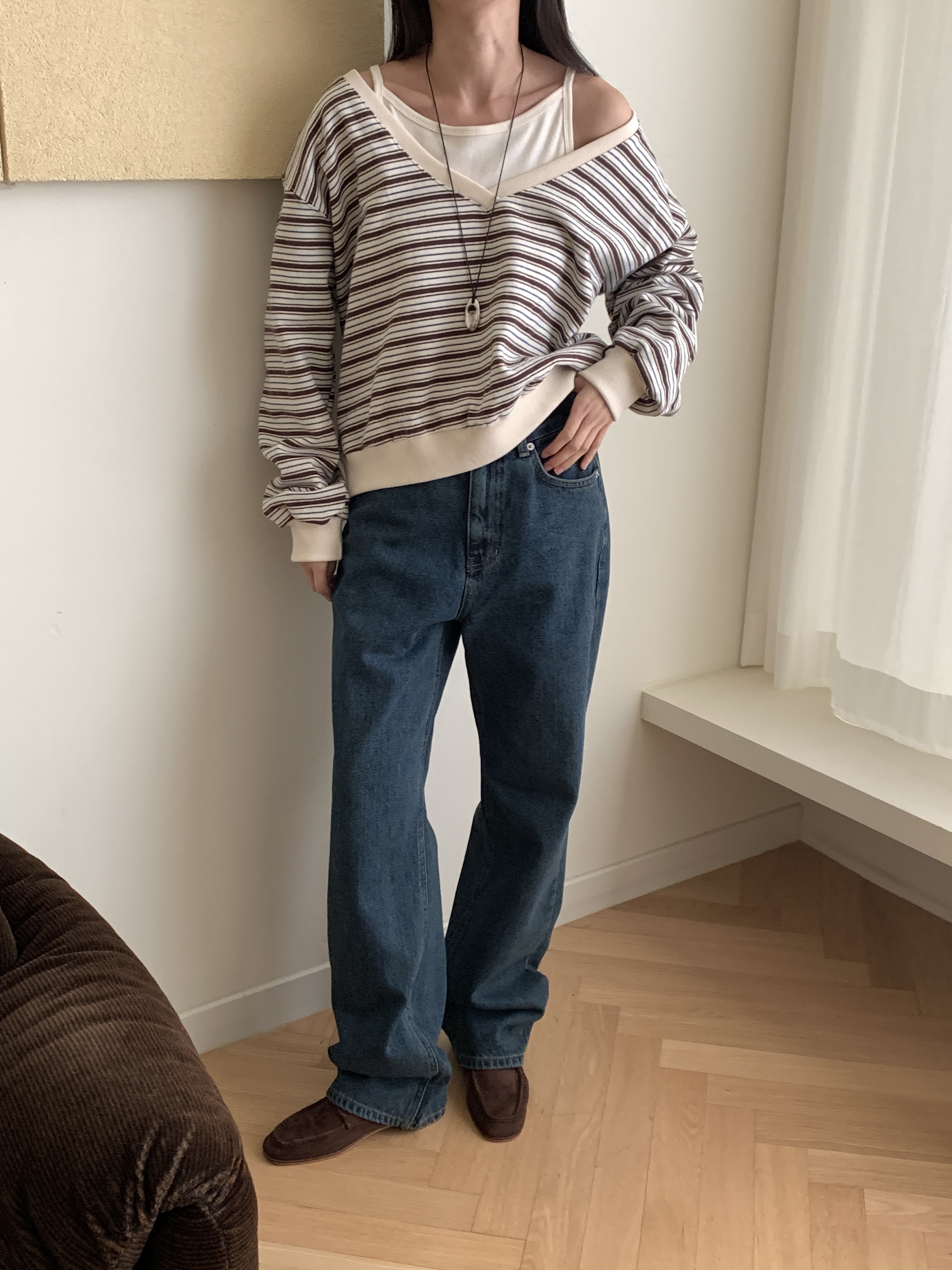 裏起毛Vネックワンショルダーボーダーカラースウェット | 詳細画像11