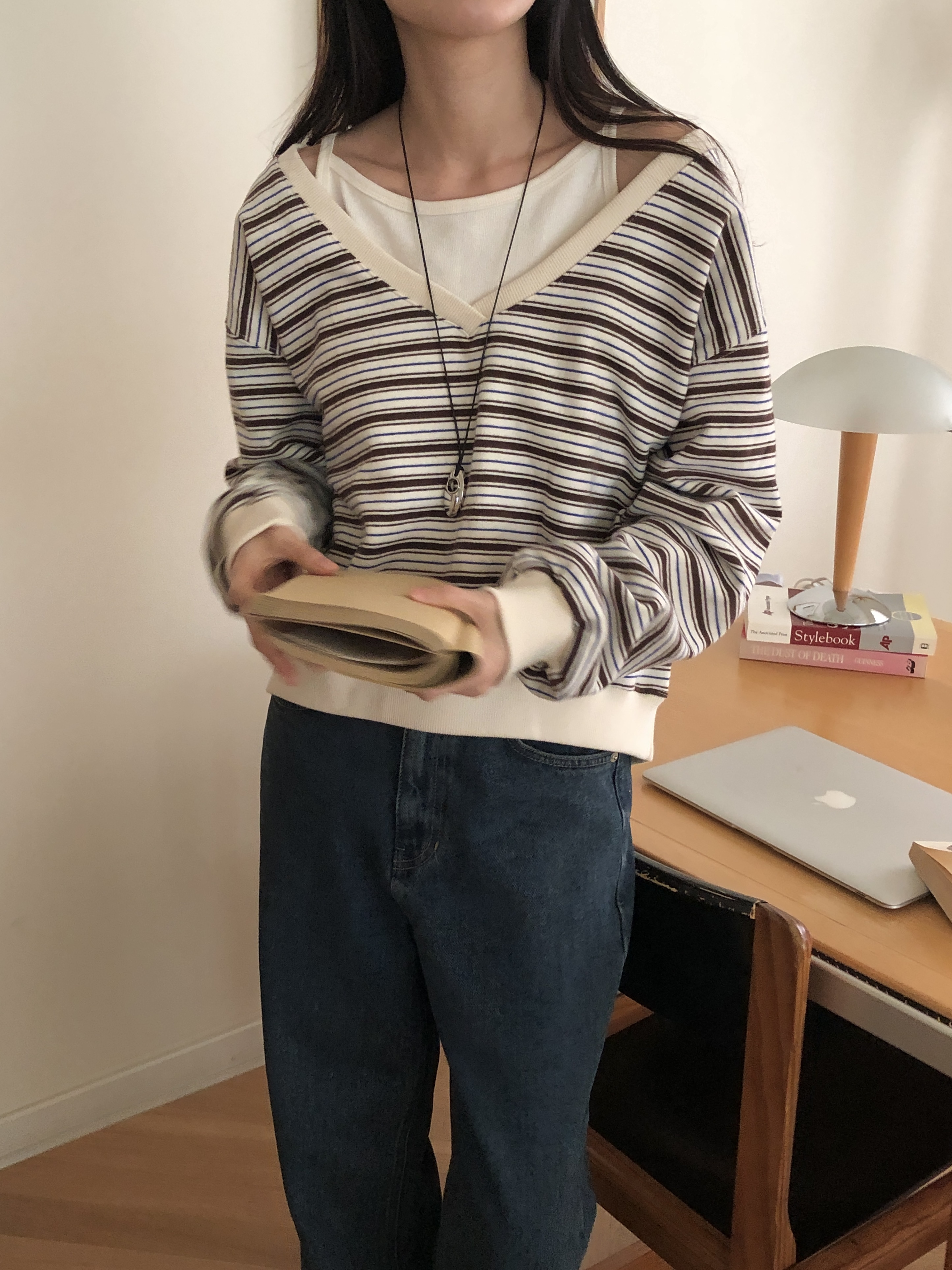 裏起毛Vネックワンショルダーボーダーカラースウェット | 詳細画像8