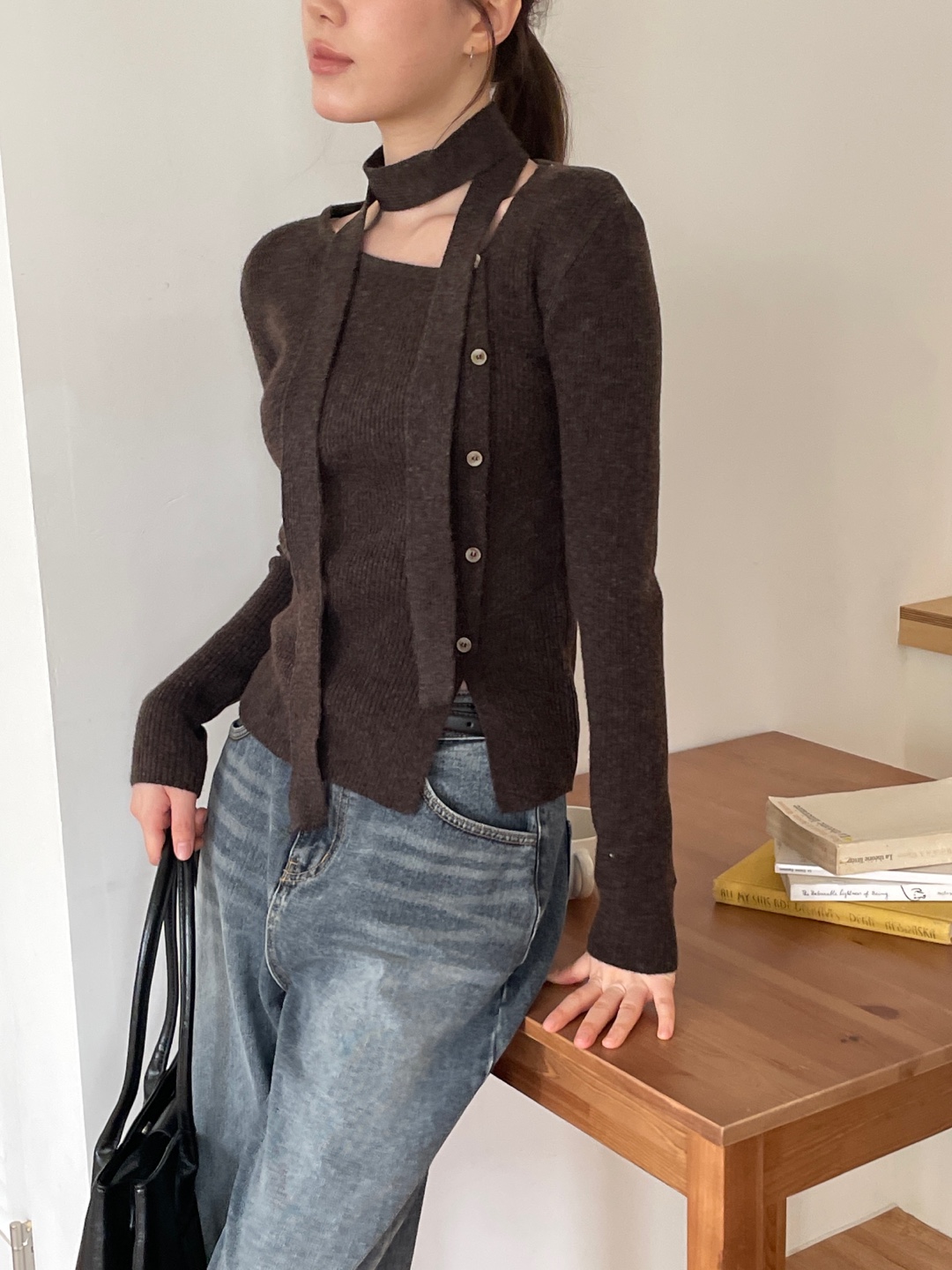 ボタンアンバランスネック長袖カラーニット | 詳細画像8