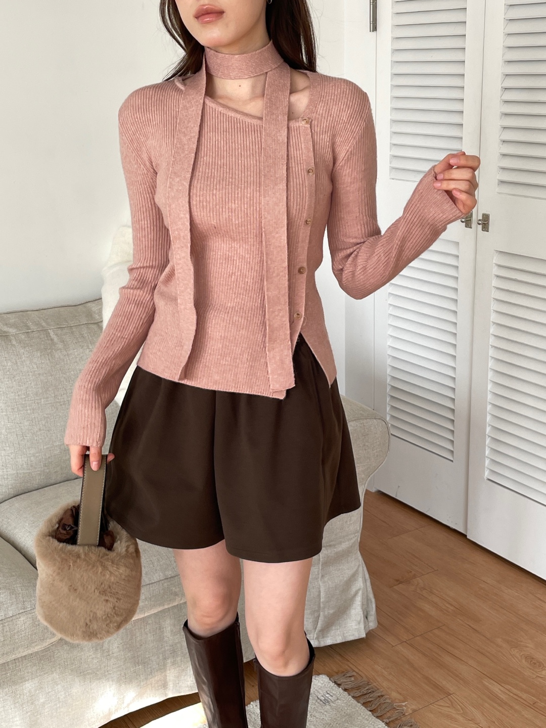 ボタンアンバランスネック長袖カラーニット | 詳細画像13