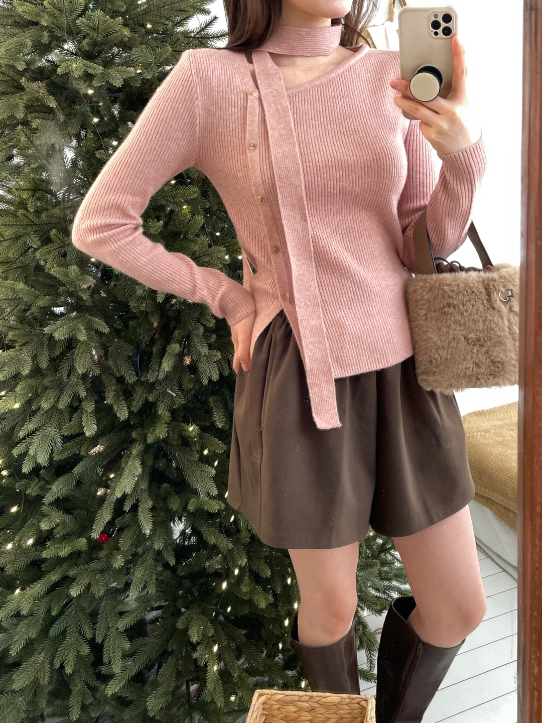 ボタンアンバランスネック長袖カラーニット | 詳細画像3