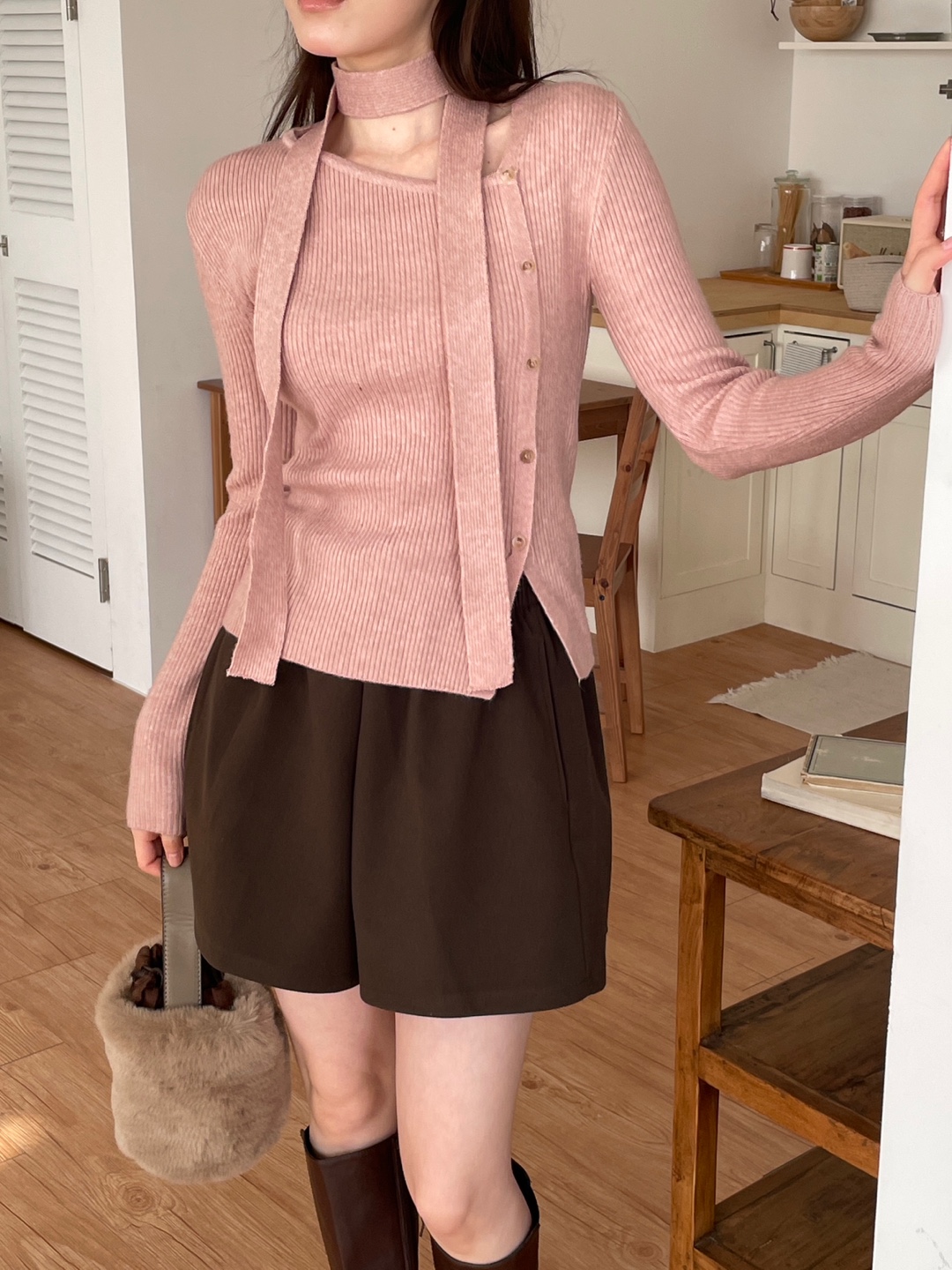 ボタンアンバランスネック長袖カラーニット | 詳細画像14