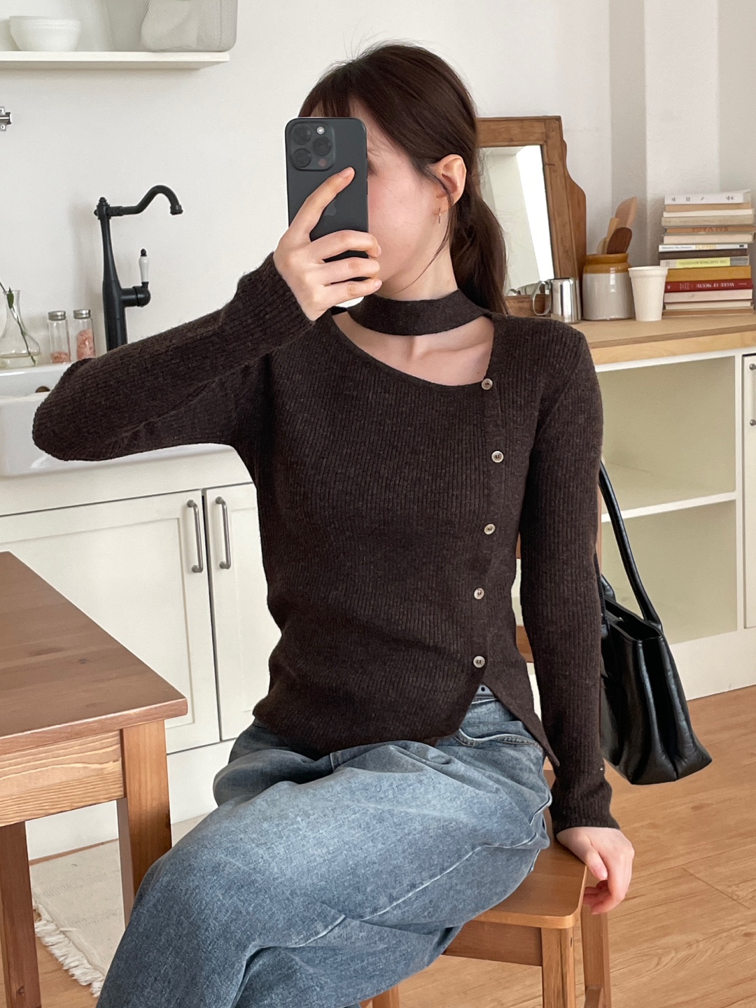 ボタンアンバランスネック長袖カラーニット | 詳細画像6