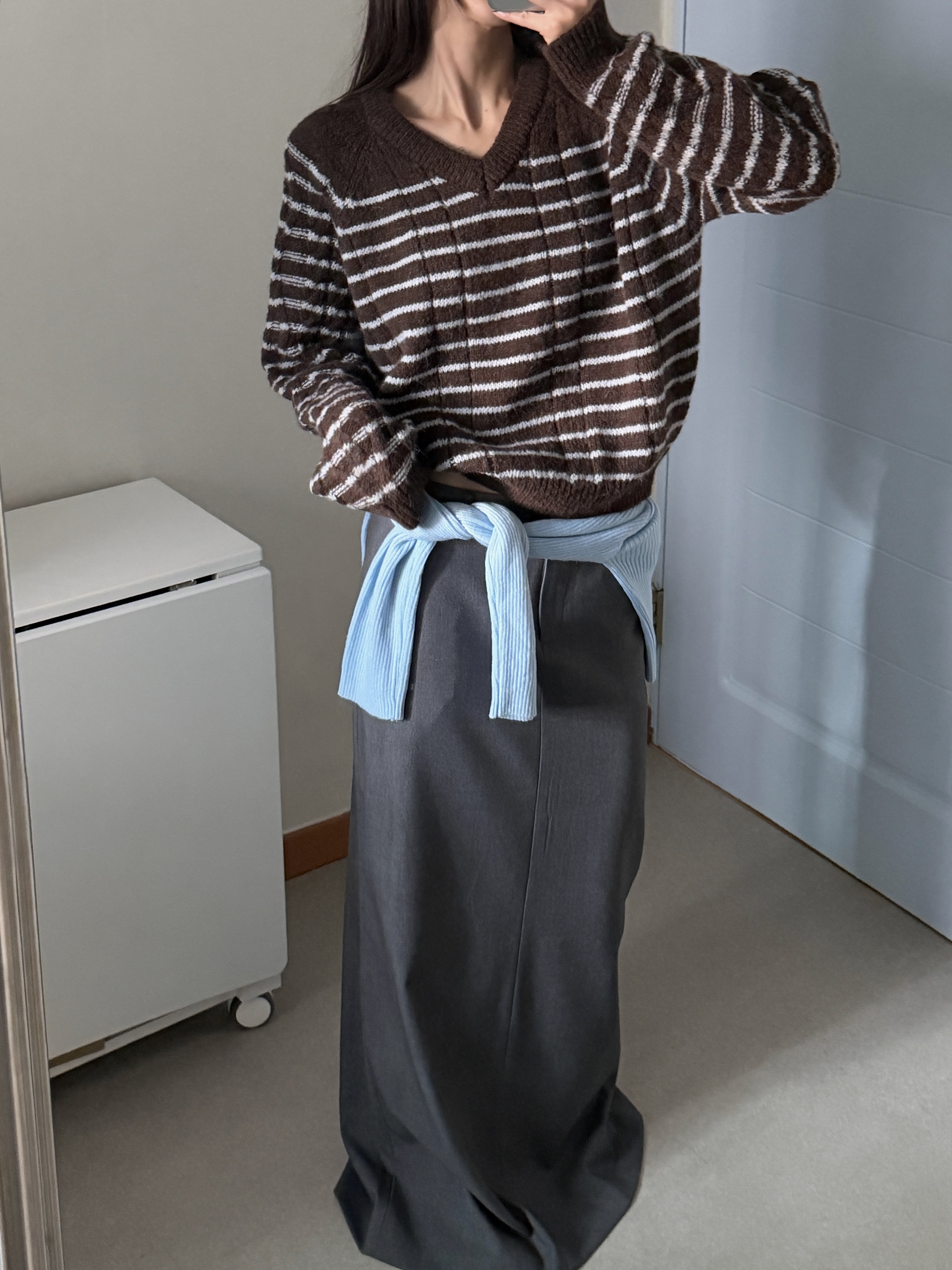 ウール混アルパカ混紡Vネックボーダーカラーニット | 詳細画像6