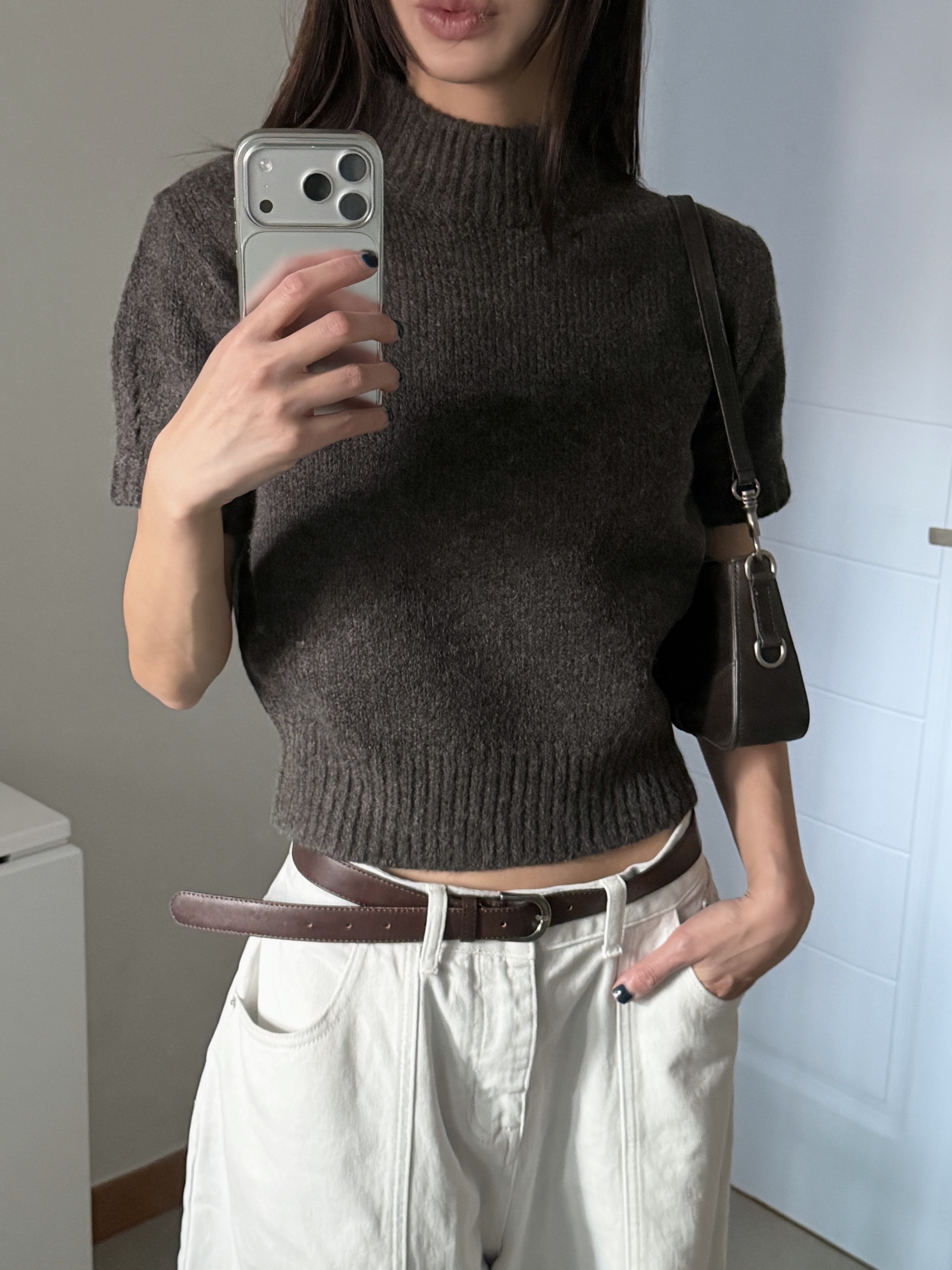 ハイネック半袖セミクロップド無地カラーニット | 詳細画像4