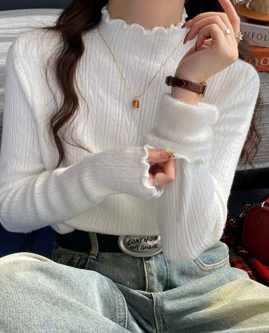 裏起毛ハーフネックメロウケーブルニット | 詳細画像12