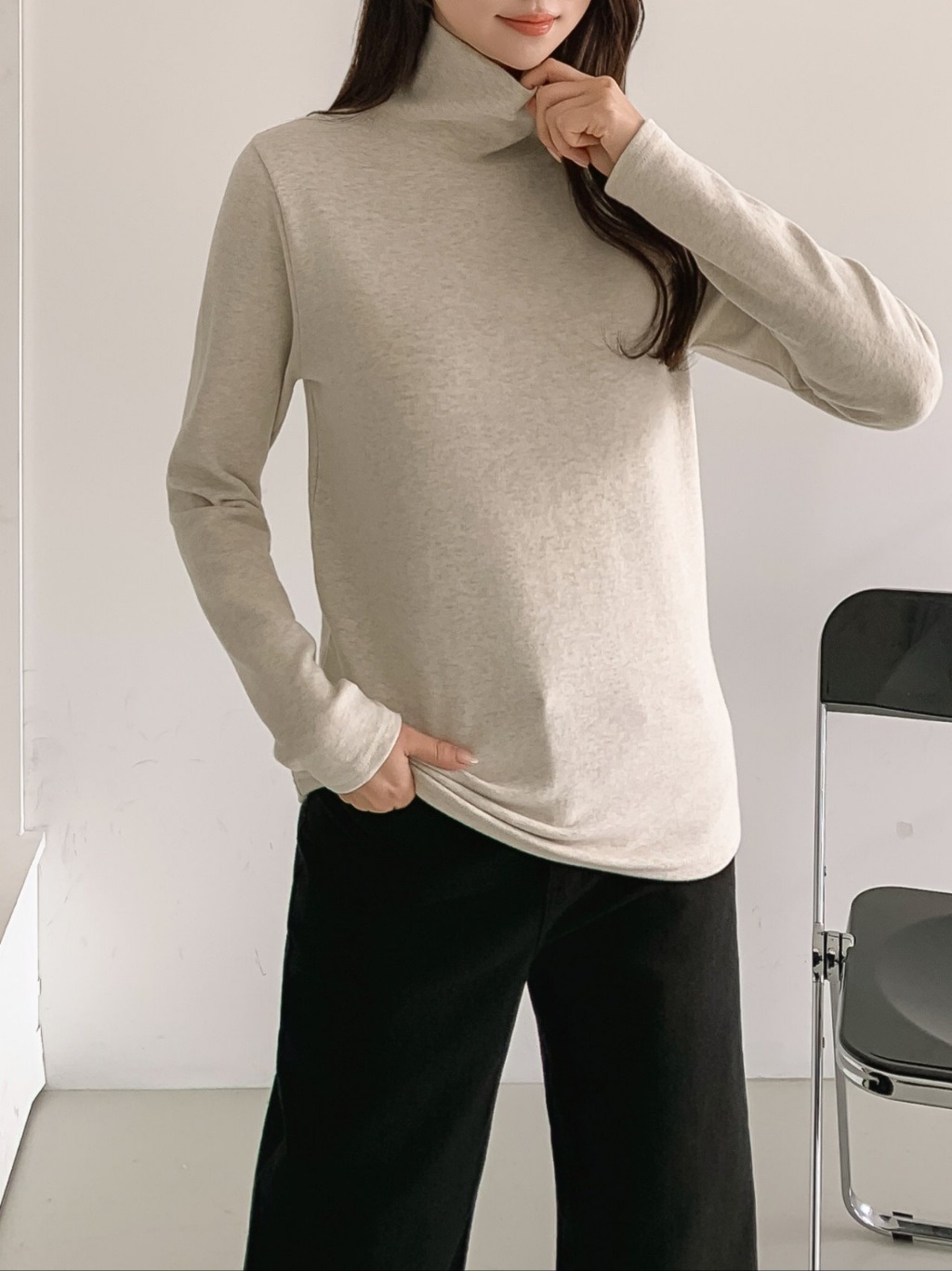 起毛ピーチ起毛ストレッチタートルネックスリム長袖Tシャツ | 詳細画像3