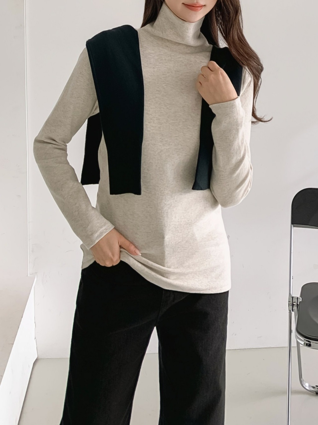 起毛ピーチ起毛ストレッチタートルネックスリム長袖Tシャツ | 詳細画像12