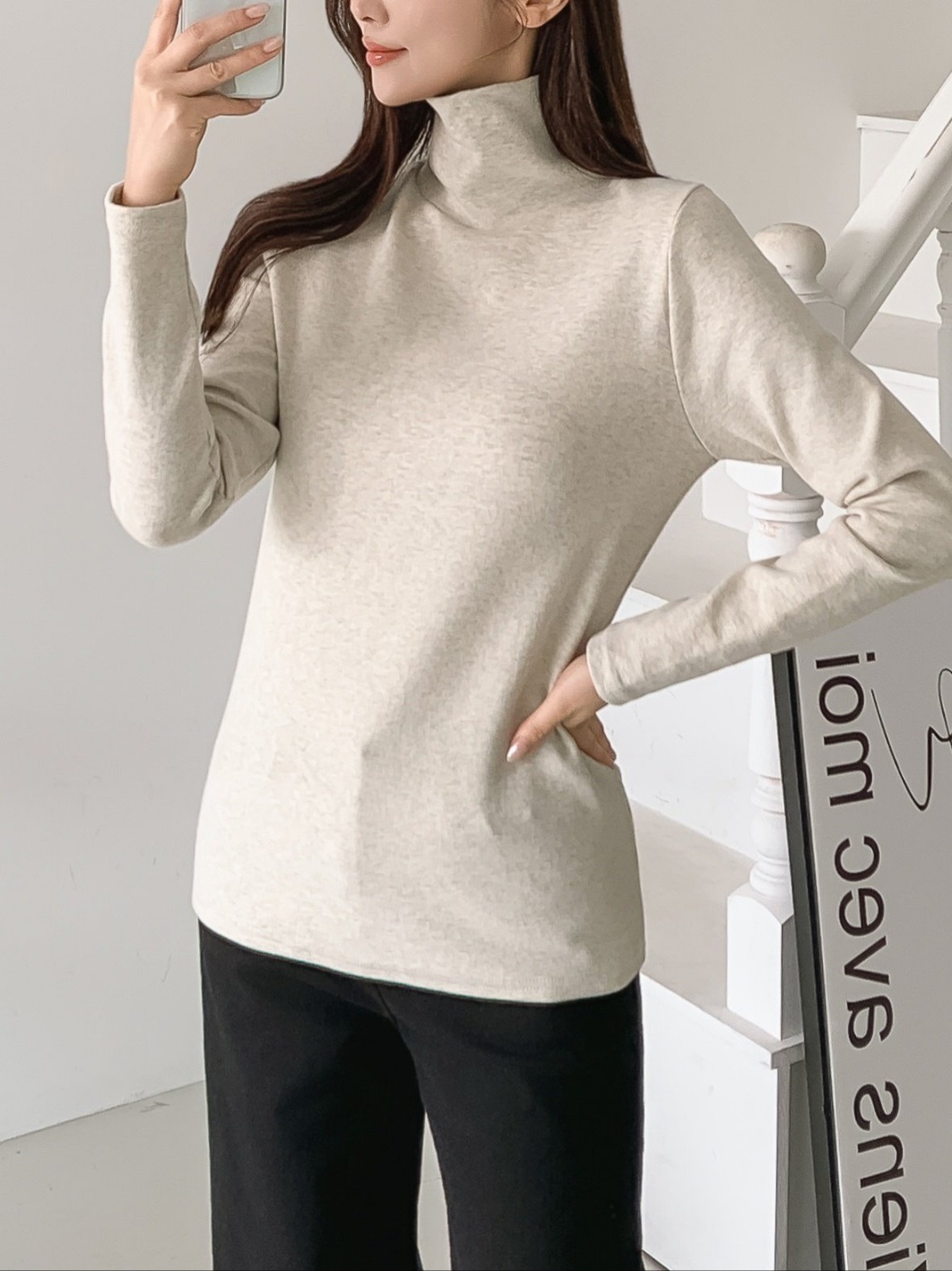 起毛ピーチ起毛ストレッチタートルネックスリム長袖Tシャツ | 詳細画像15