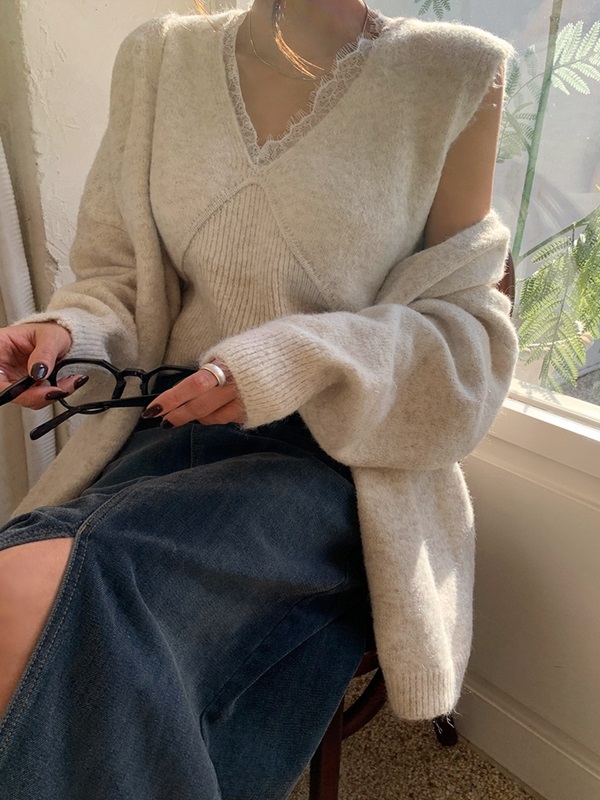 コンビウール混ルーズ長袖レースカーディガンベストアンサンブル | 詳細画像2