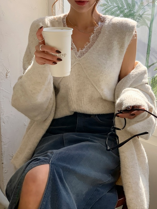 コンビウール混ルーズ長袖レースカーディガンベストアンサンブル | 詳細画像3