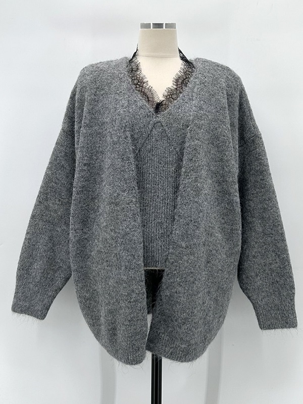 コンビウール混ルーズ長袖レースカーディガンベストアンサンブル | 詳細画像10