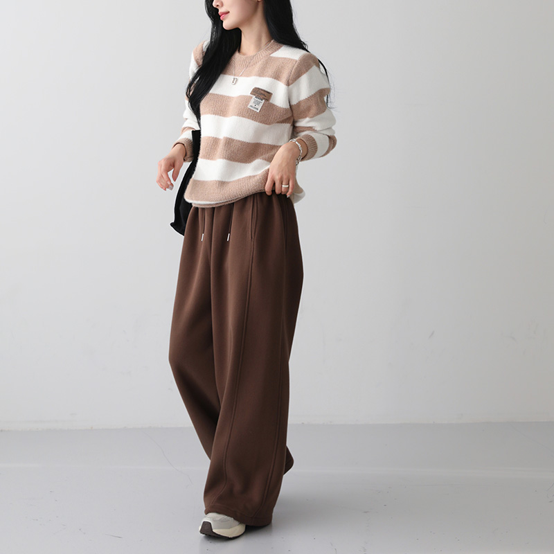 ほろよい　クルーネック　ブラウン ラウンドネックラベルボーダーカラーニット | レディースファッション