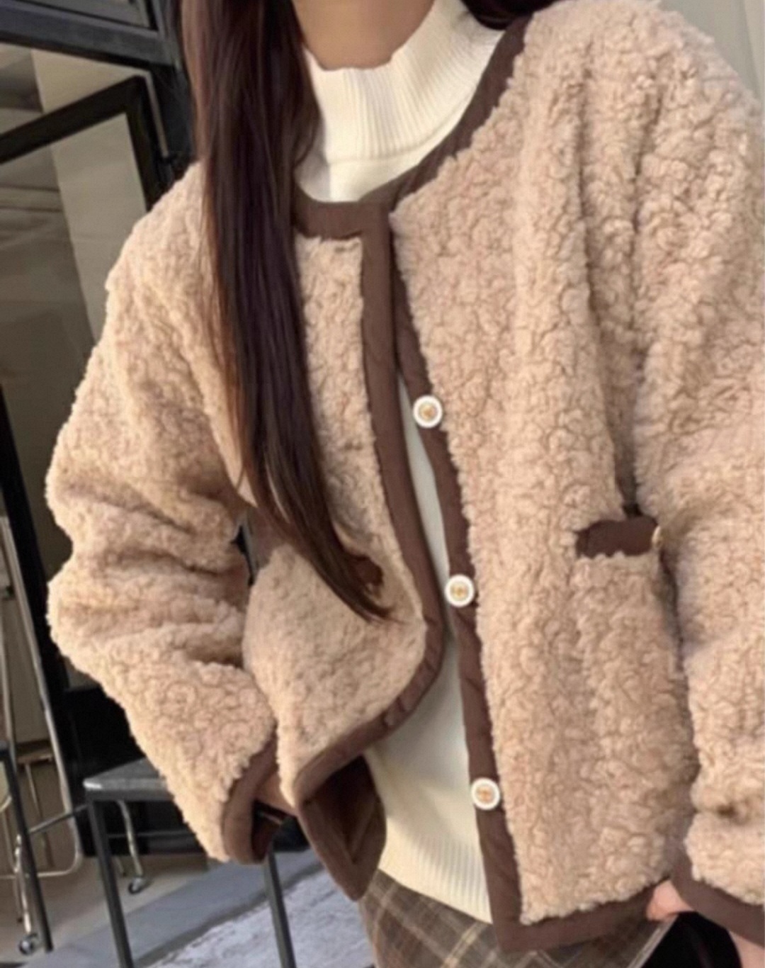 ボアツイード配色ボタンラウンドネック長袖カーディガン | 詳細画像3