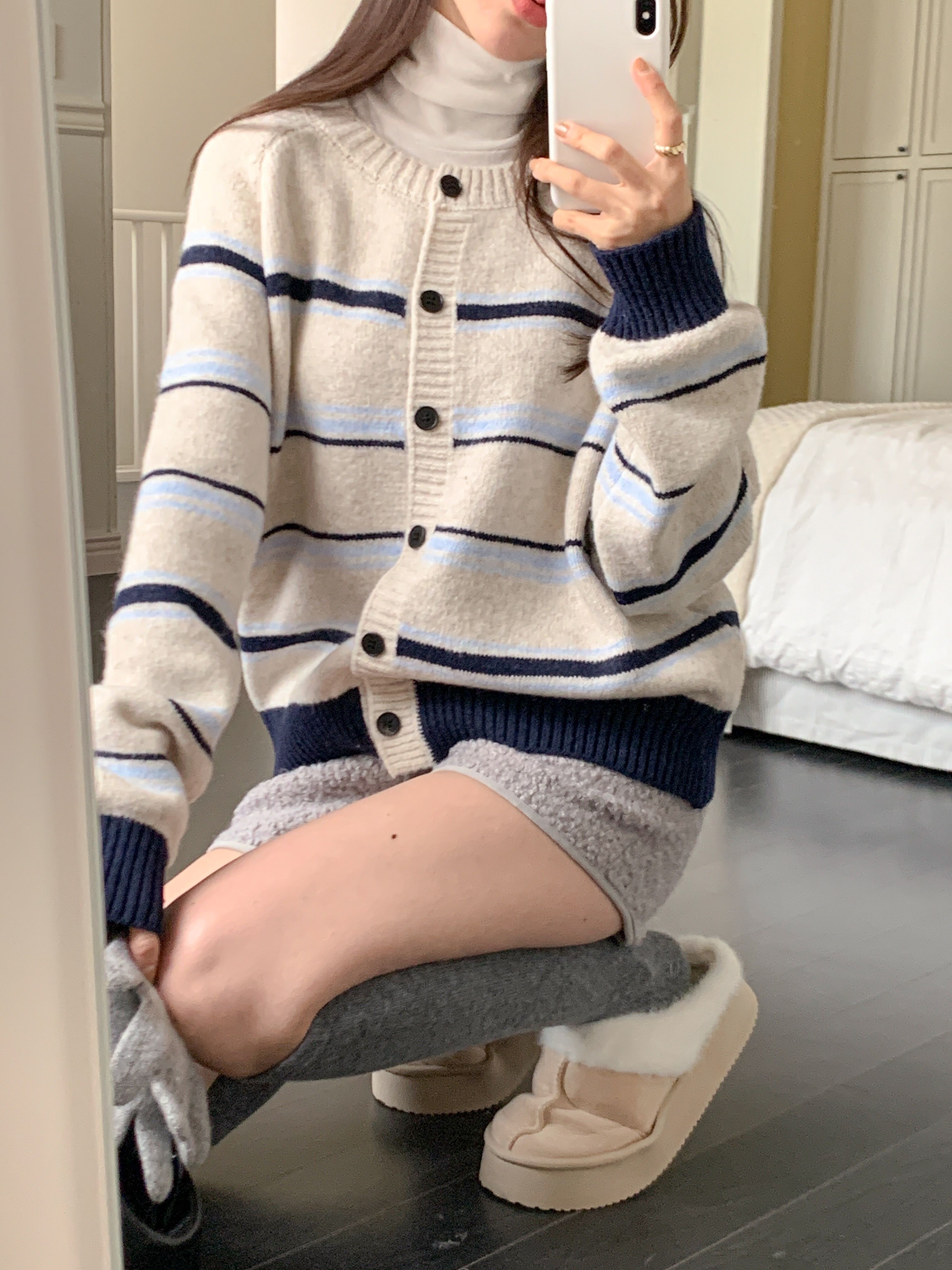 ボタンラウンドネック長袖ボーダーカーディガン | 詳細画像4