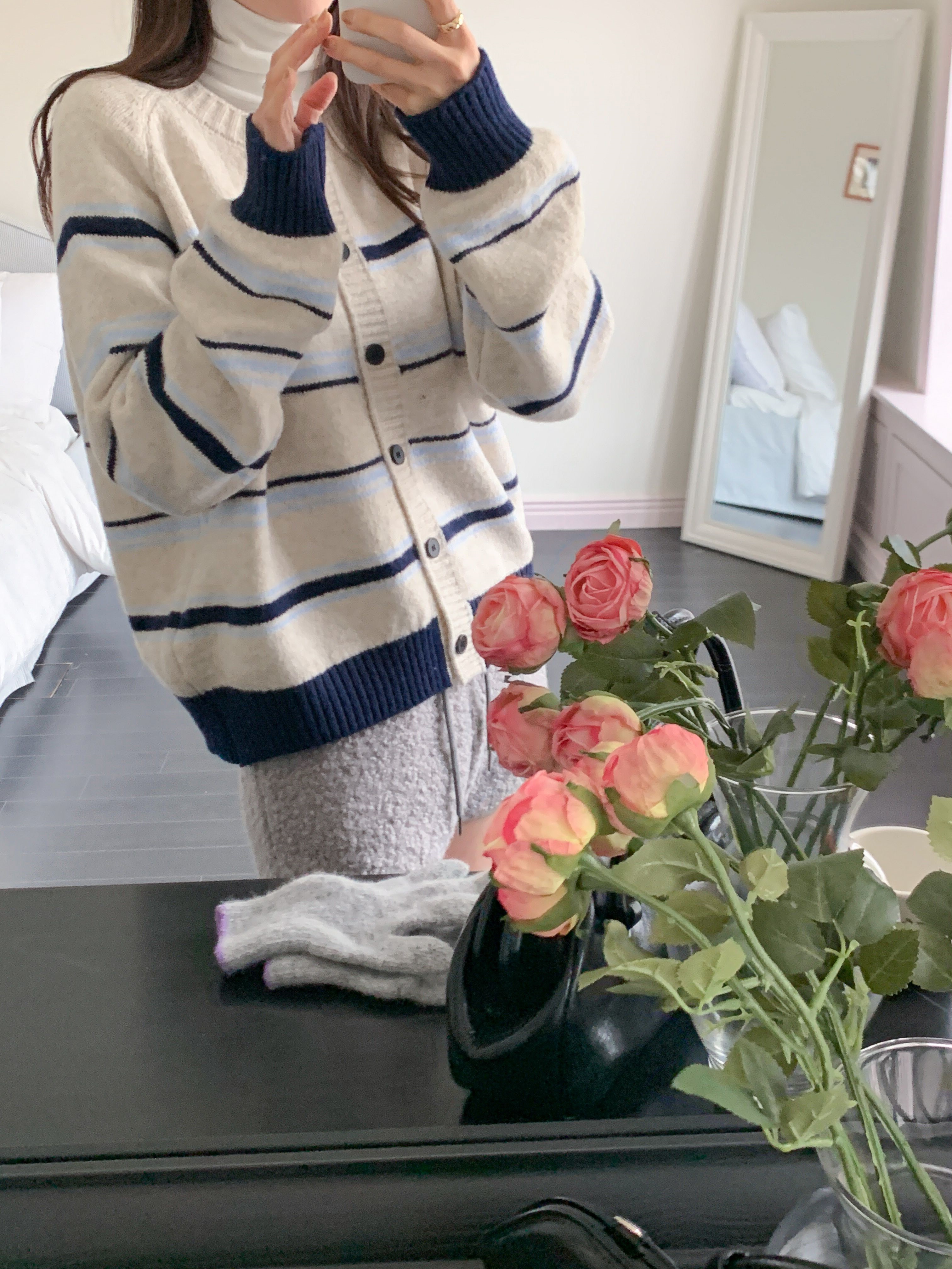 ボタンラウンドネック長袖ボーダーカーディガン | 詳細画像5