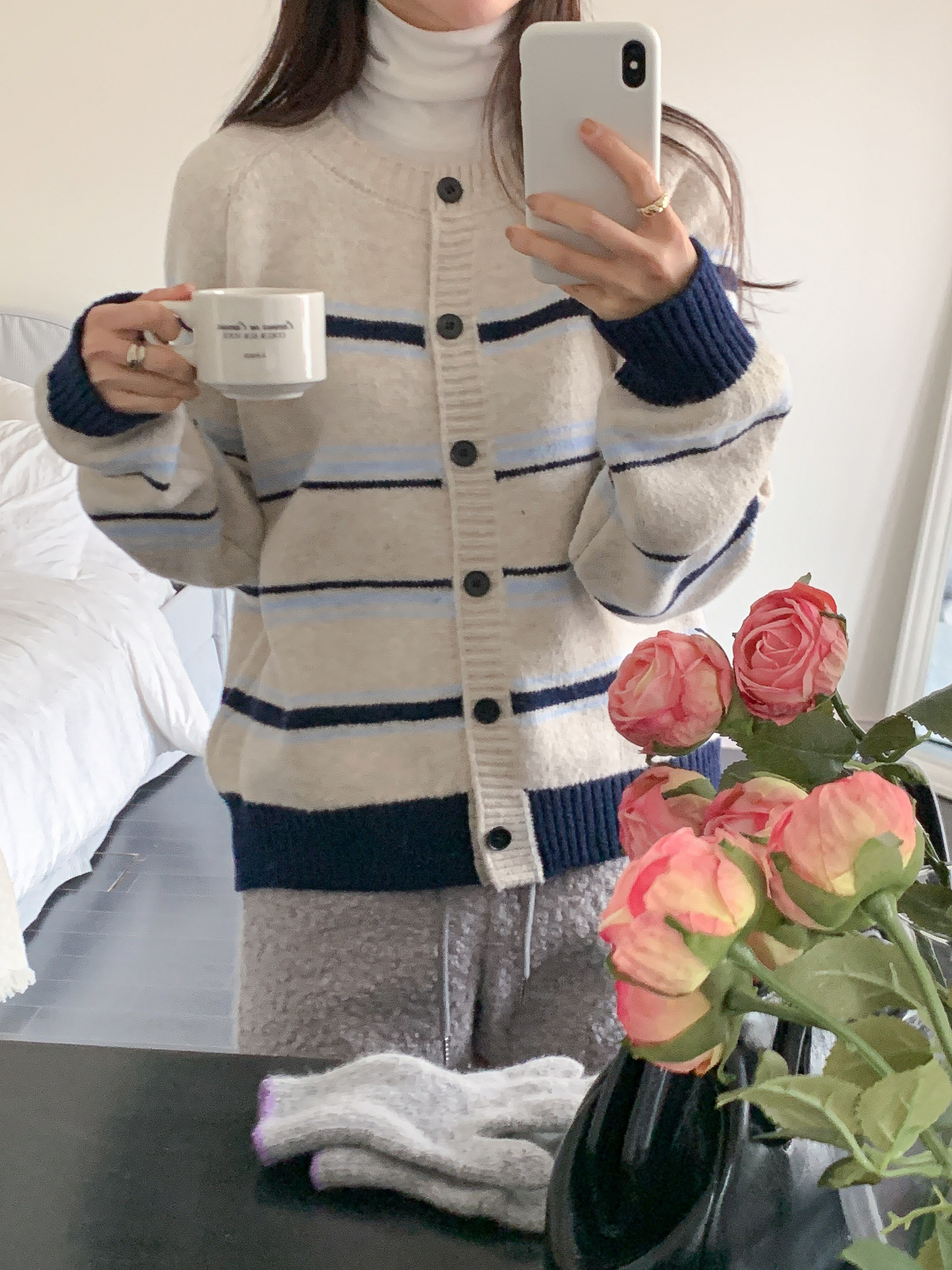 ボタンラウンドネック長袖ボーダーカーディガン | 詳細画像6