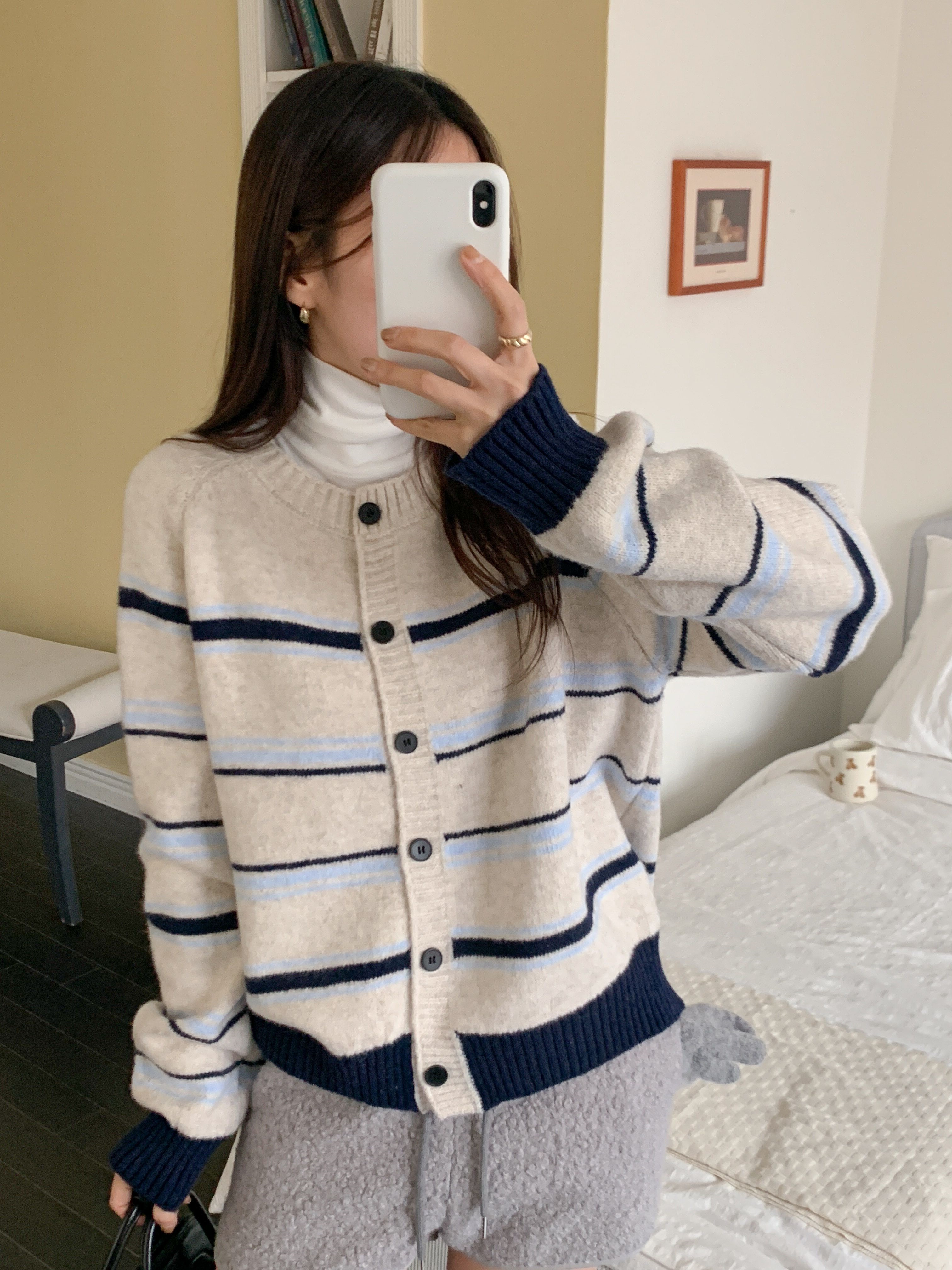 ボタンラウンドネック長袖ボーダーカーディガン | 詳細画像9