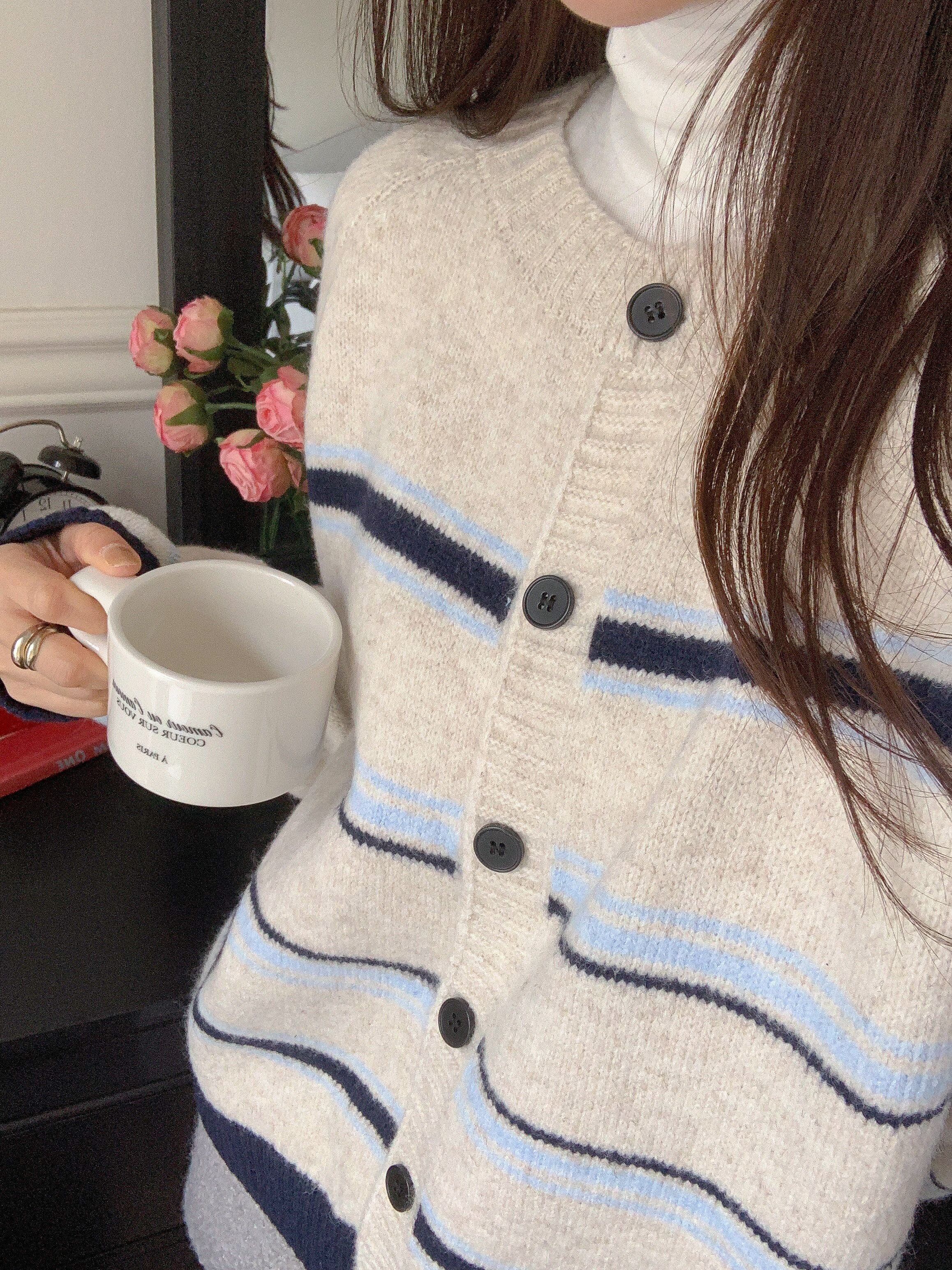 ボタンラウンドネック長袖ボーダーカーディガン | 詳細画像13