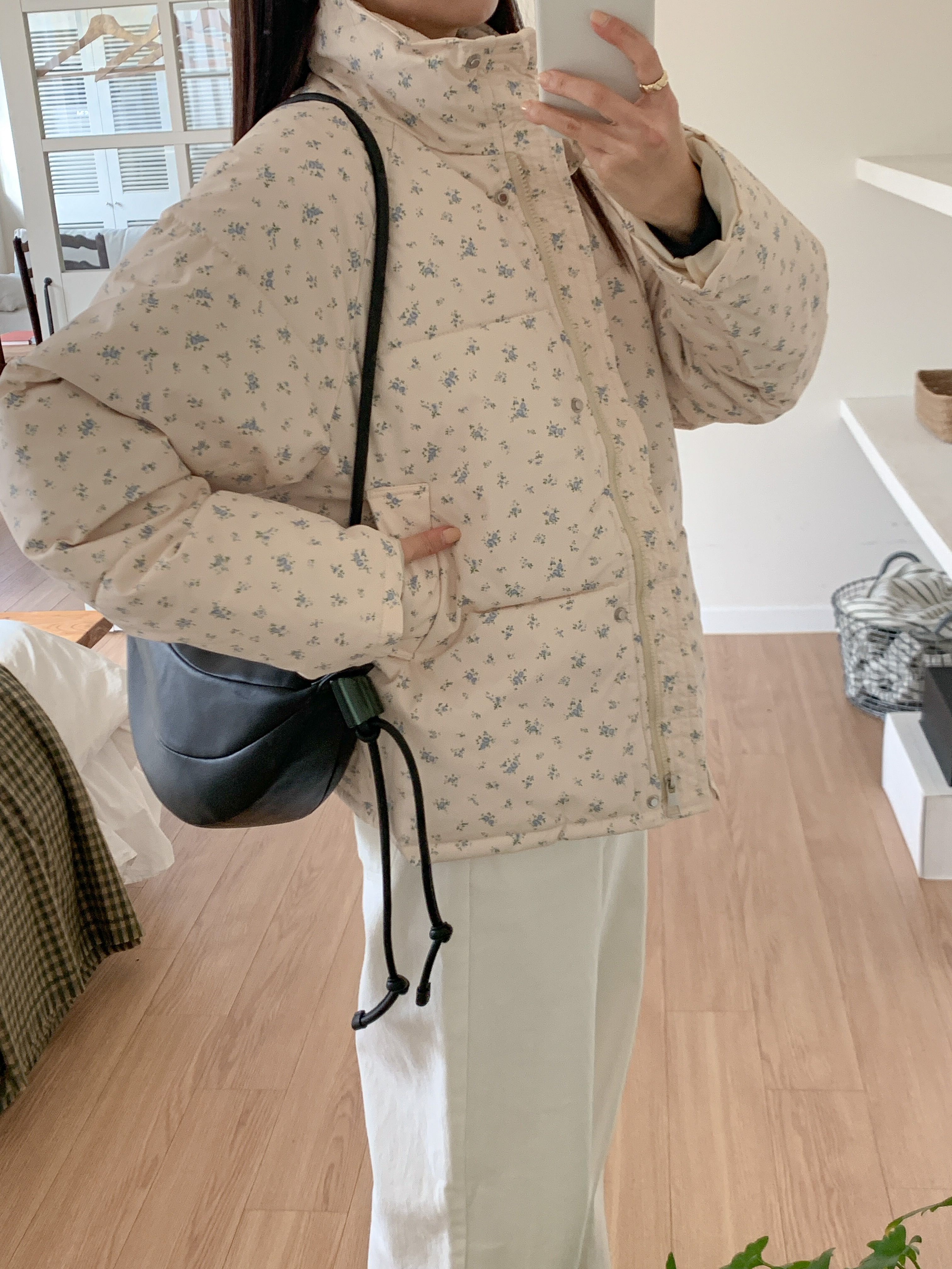 ジップアップハイネックポケット長袖小花柄ダウンジャケット | 詳細画像3