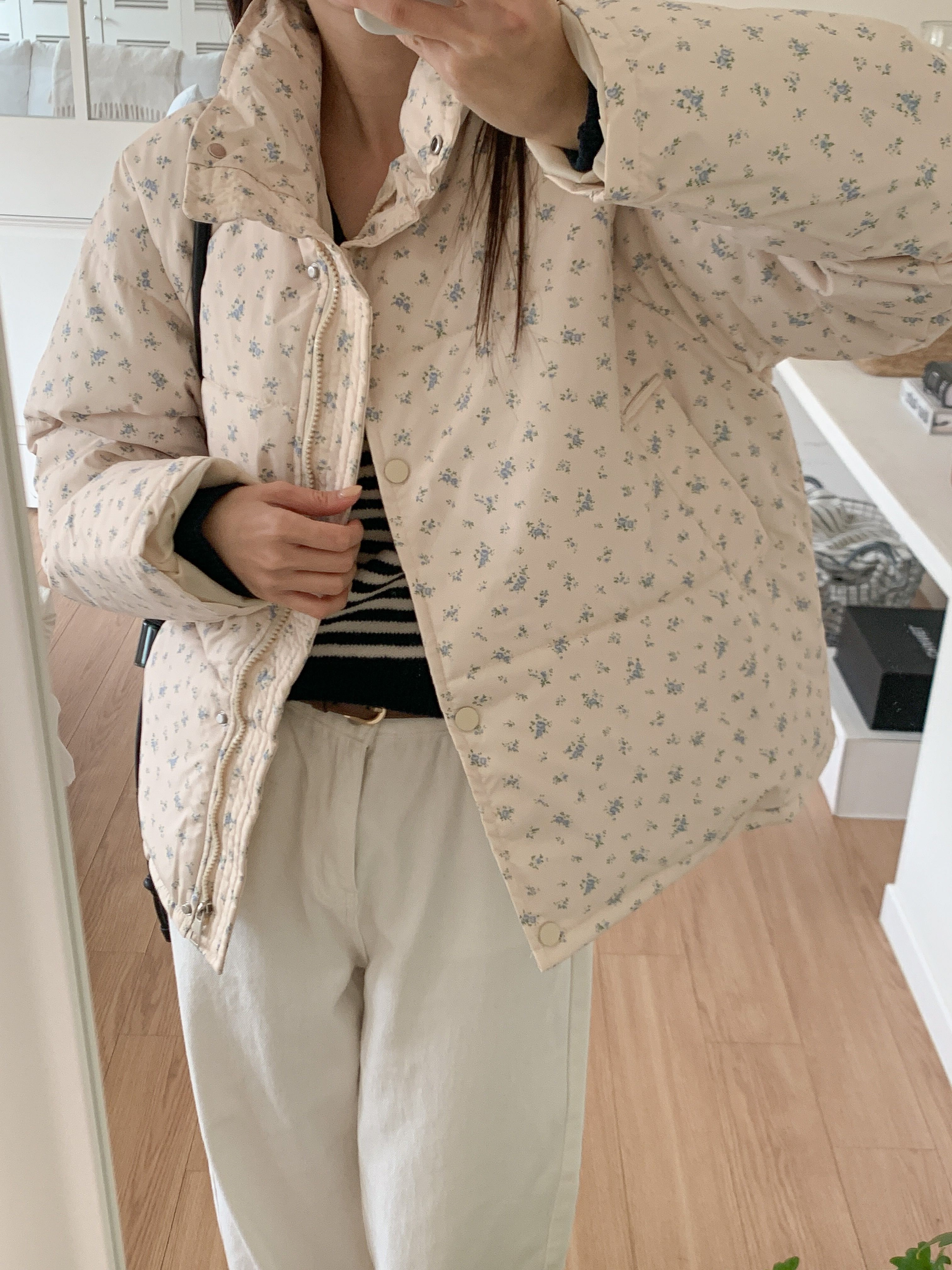 ジップアップハイネックポケット長袖小花柄ダウンジャケット | 詳細画像4