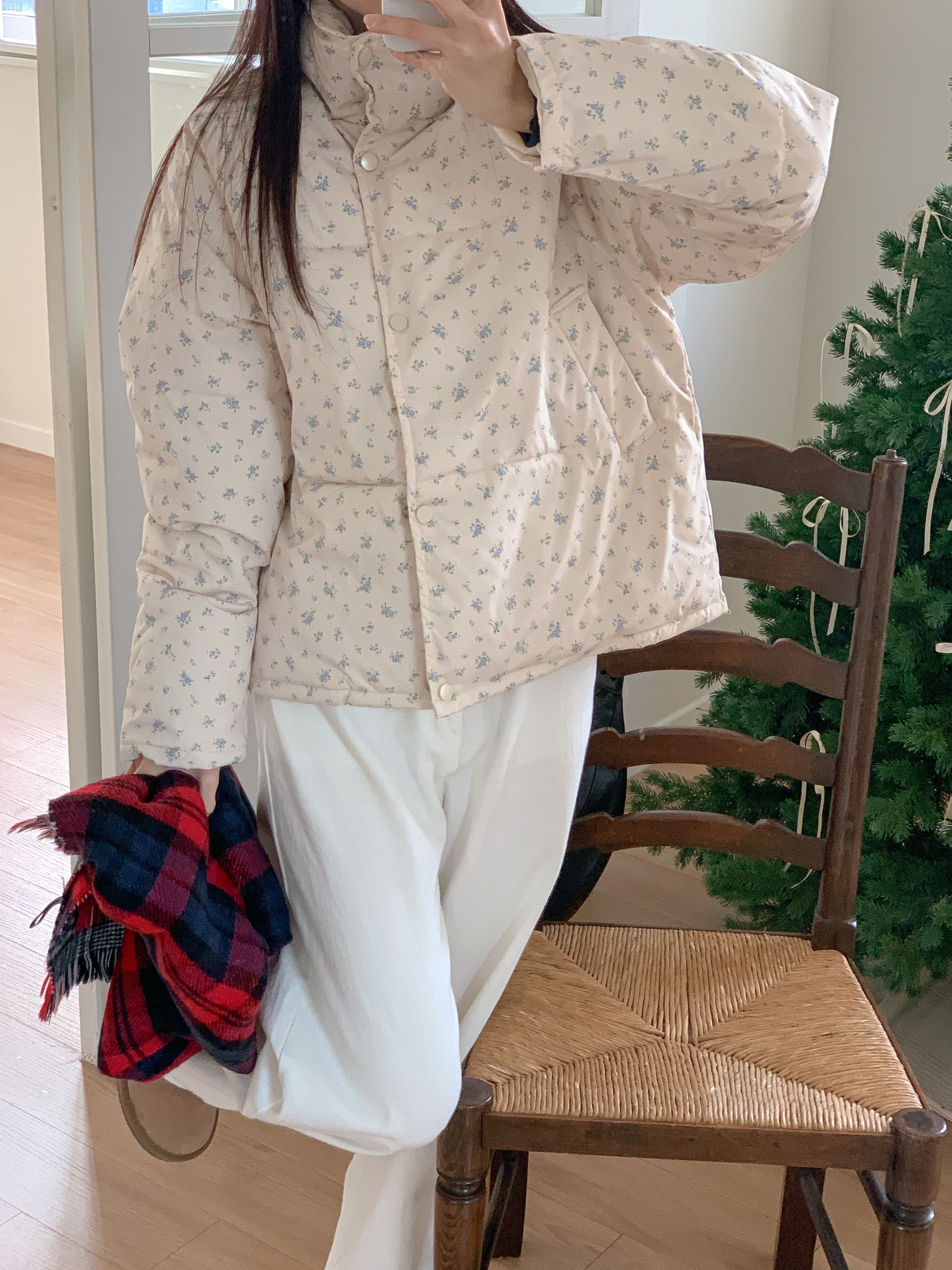 ジップアップハイネックポケット長袖小花柄ダウンジャケット | 詳細画像7