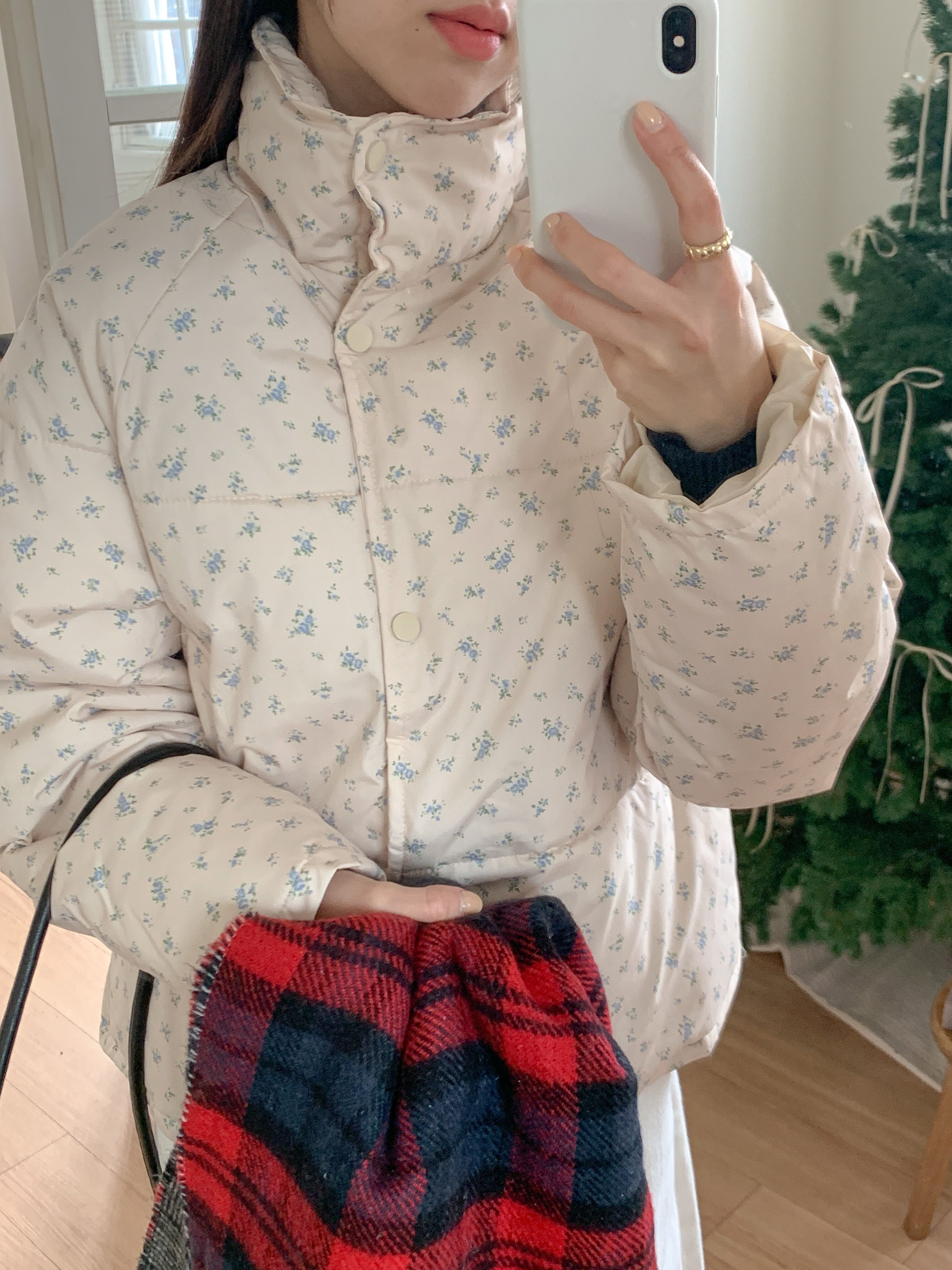 ジップアップハイネックポケット長袖小花柄ダウンジャケット | 詳細画像9