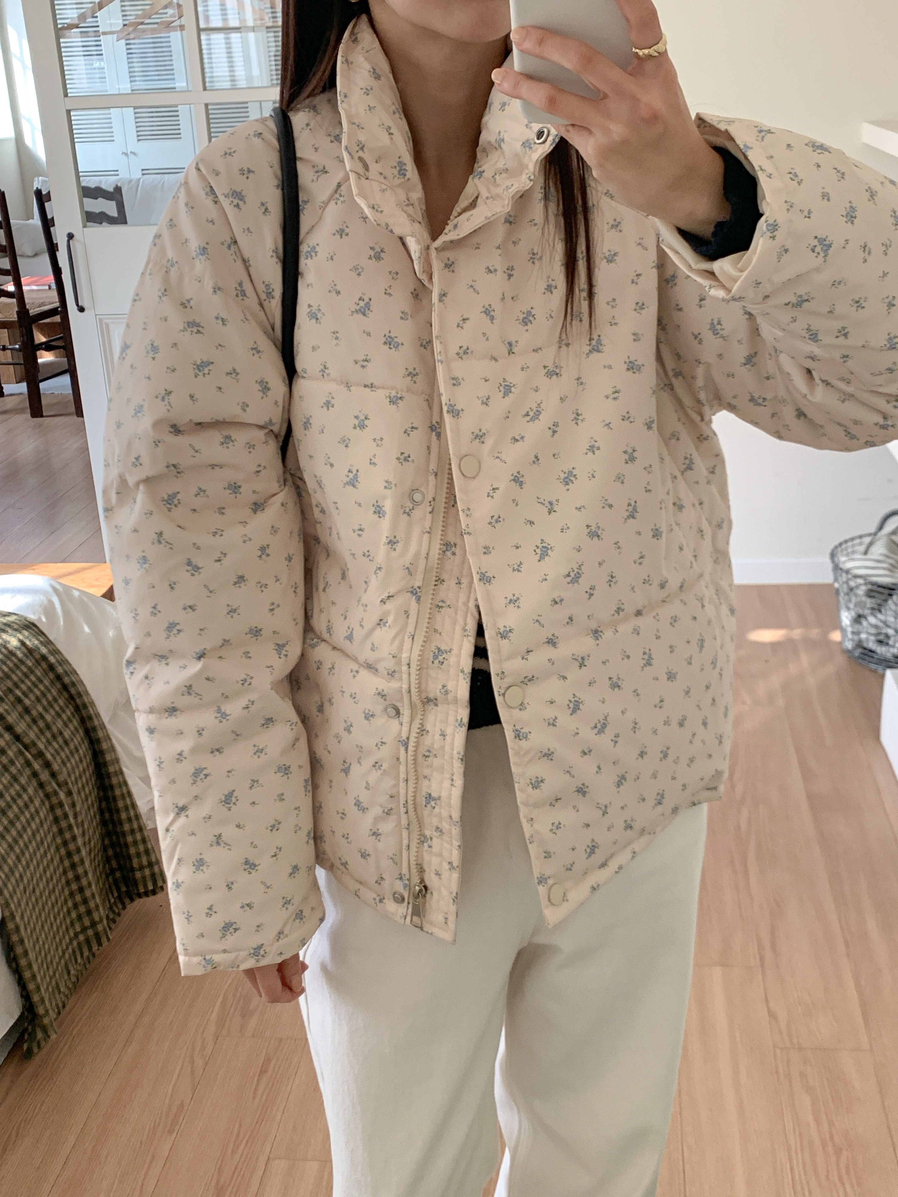 ジップアップハイネックポケット長袖小花柄ダウンジャケット | 詳細画像15