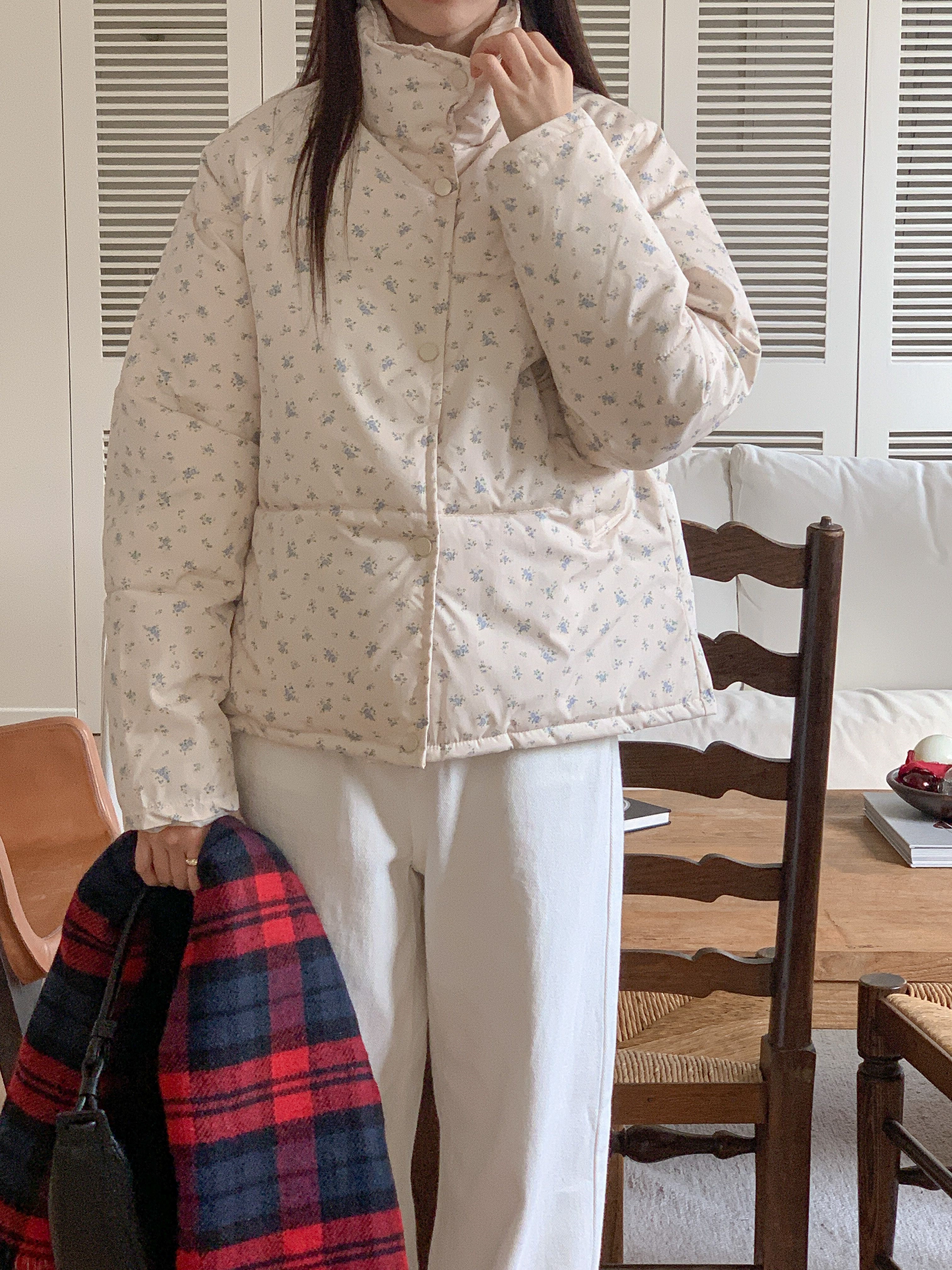 ジップアップハイネックポケット長袖小花柄ダウンジャケット | 詳細画像17