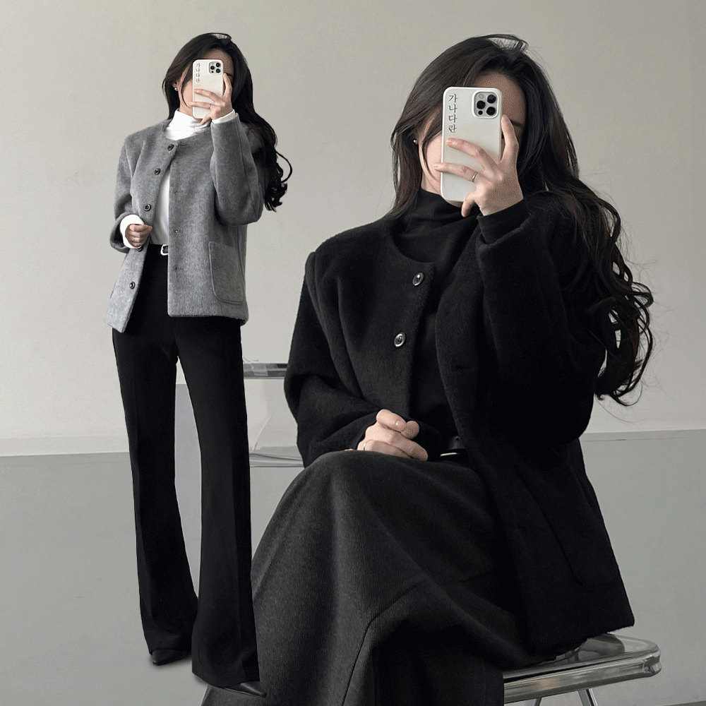 ウール混ボタンラウンドネックノーカラーポケット長袖コート