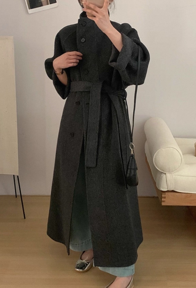 ウール混ボタンハイネックロングルーズ長袖コートストラップ付 | 詳細画像8